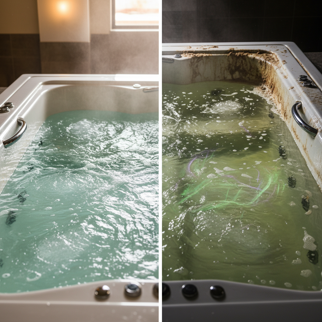 A striking split image illustrating the stark contrast between a clean and an unclean whirlpool. On one side, a pristine, inviting whirlpool filled with crystal-clear, bubbling water, reflecting a serene and hygienic spa experience. The surfaces gleam, and no visible residue is present. On the other side, the same whirlpool appears neglected, with cloudy, slightly green-tinged water, subtle grime accumulating along the waterline, and faint, abstract visual representations of unseen impurities or biofilm, hinting at bacteria without being explicit. The overall style should be a professional, high-resolution photo with vibrant colors on the clean side and muted, slightly unsettling tones on the unclean side.