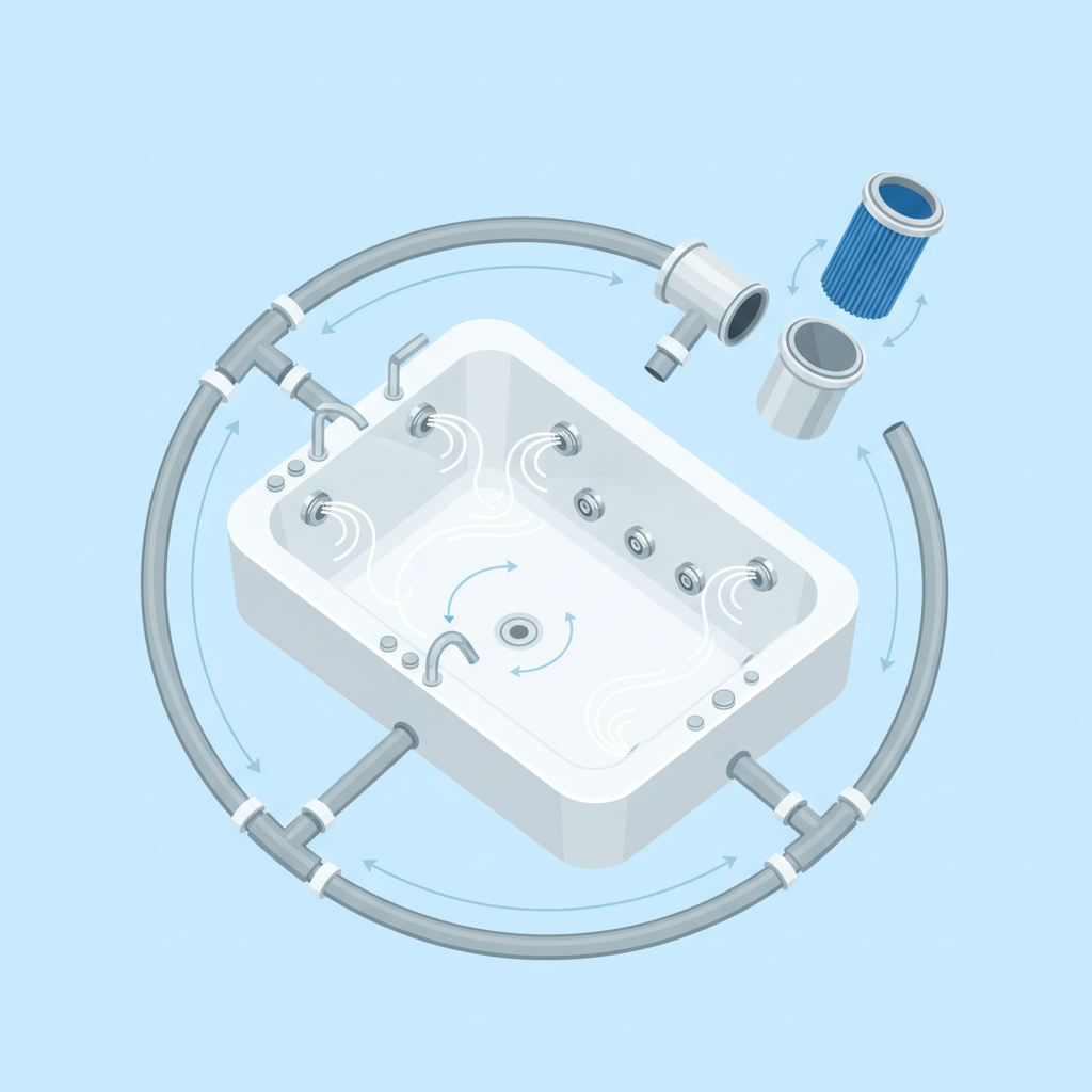 An elegant, clean flat illustration showcasing the internal components of a whirlpool bath that require regular cleaning. The image should feature a simplified cross-section or an exploded view, highlighting key areas such as the internal plumbing (pipes and jets), the removable filter cartridge, and the inner surfaces of the tub. Subtle visual cues, like gentle swirling lines or faint arrows, can indicate water circulation, emphasizing the importance of keeping these hidden parts clean. The overall aesthetic should be modern, clean, and schematic, using a limited color palette that conveys hygiene and clarity.