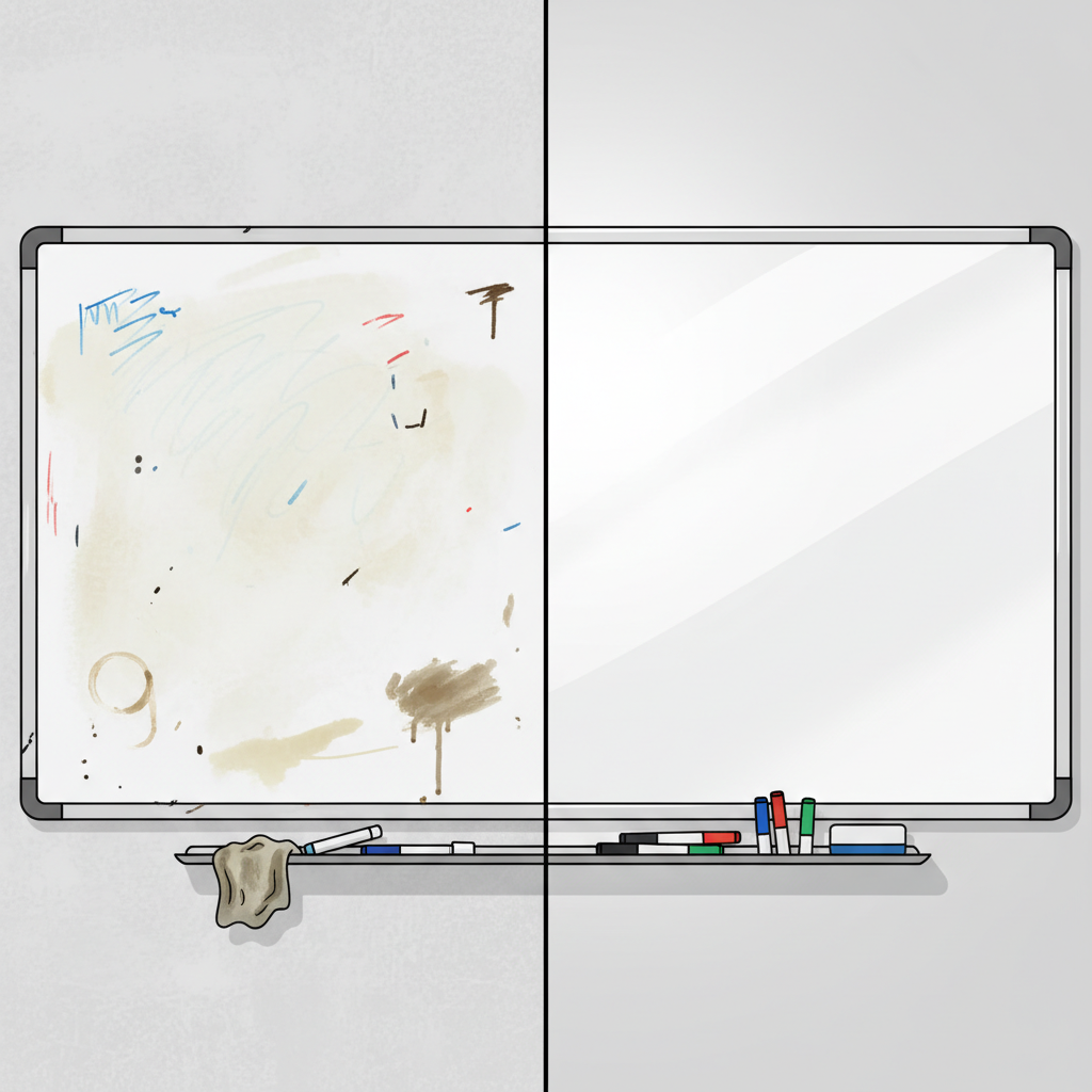 A split visual, contrasting a neglected whiteboard with a pristine one. The left side depicts a whiteboard covered in faint 'ghosting' marks from previous writing, stubborn smudges, and dried marker residue, giving it a dull, unprofessional appearance. The surface might show subtle discoloration or damage. The right side showcases the same whiteboard, now gleaming clean and smooth, devoid of any marks or shadows, reflecting light beautifully. It appears fresh, ready for clear, legible notes, symbolizing professionalism and clarity. Flat illustration style with clear lines and a focus on surface texture and cleanliness contrast.