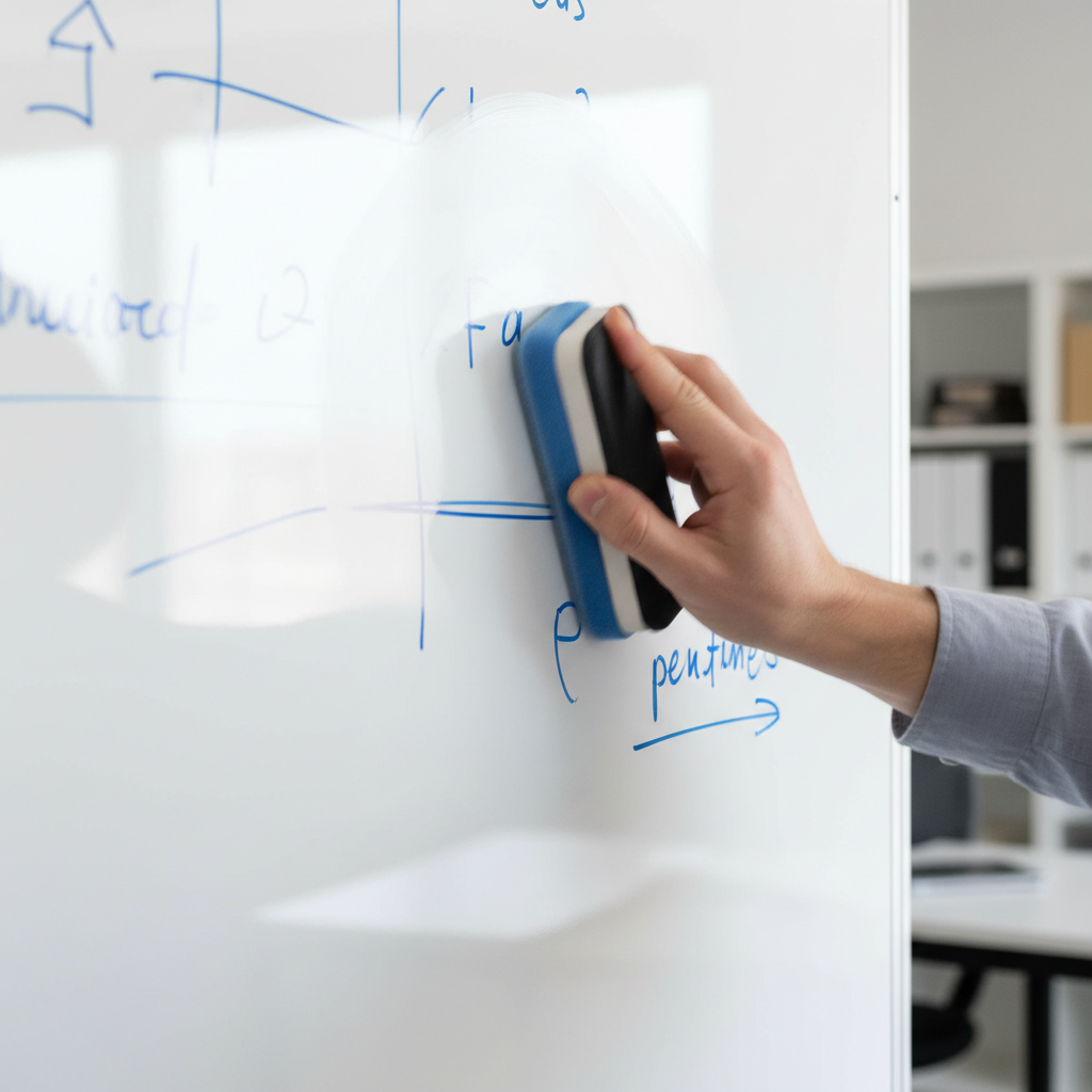 A close-up, dynamic professional photo from a slightly elevated angle, capturing a hand actively cleaning a whiteboard. The hand, holding a clean microfiber cloth or a whiteboard eraser, is in motion, wiping away fresh, vibrant blue or black marker lines. A section of the whiteboard is already clean and bright, while another section still displays legible marker text, creating a sense of ongoing cleaning. Subtle reflections on the whiteboard surface indicate its smoothness. The focus is on the action of cleaning and the effectiveness of the tools.