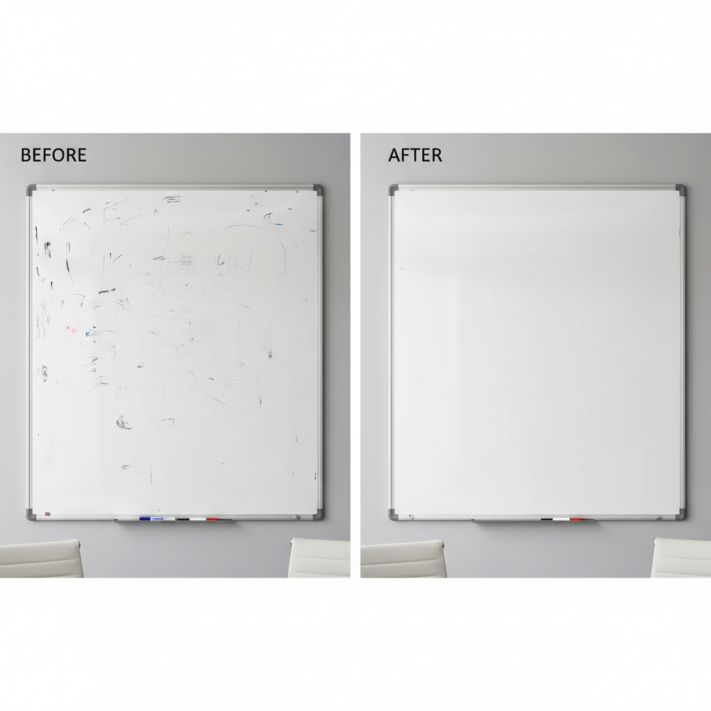 A visually striking split image or 'before and after' comparison of a whiteboard. On the left side, a whiteboard is covered in faint, smudged marker streaks, faded writing, and a few dusty fingerprints, appearing neglected and unprofessional. On the right side, the same whiteboard is immaculately clean, gleaming subtly, with a pristine, bright white surface. The transformation should be clear and dramatic, emphasizing improved readability and professionalism. Use a clean, professional photographic style with bright, even lighting, possibly from a slightly elevated angle in an office or meeting room setting.