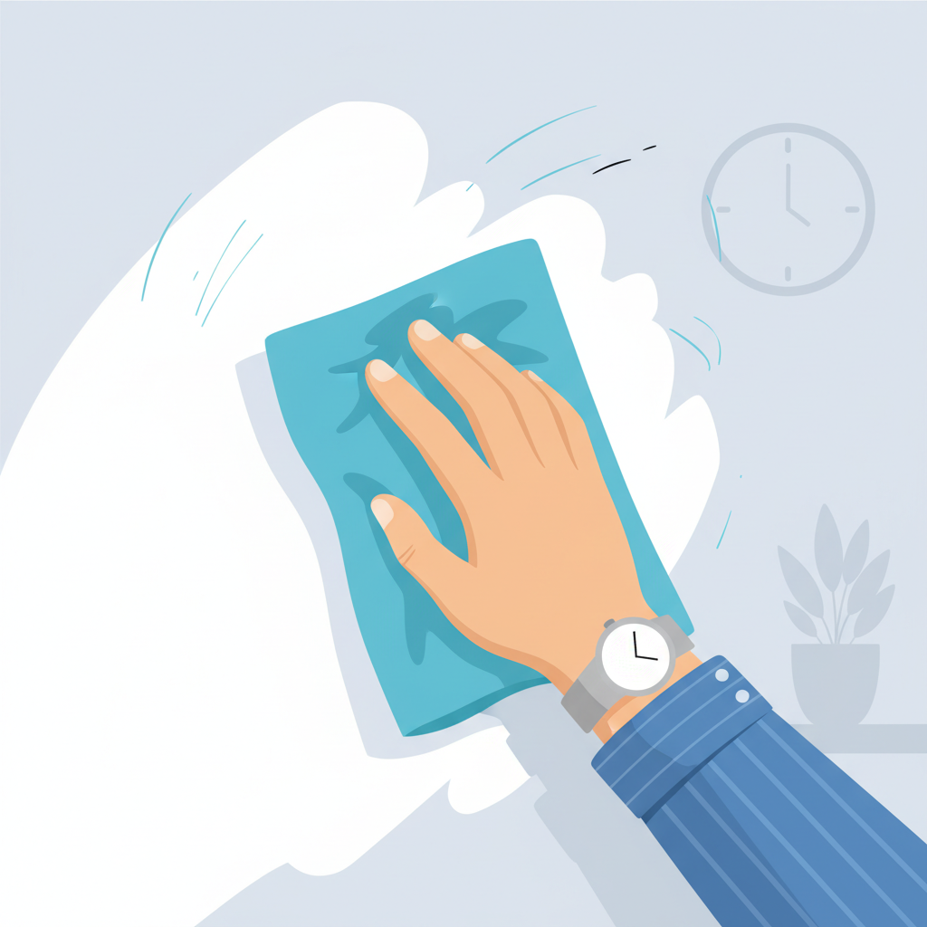 A bright, crisp flat illustration depicting a close-up of a hand, possibly wearing a sleeve of a professional shirt, gently wiping a section of a whiteboard with a soft, blue microfiber cloth. The part of the whiteboard already wiped by the cloth should appear pristine and white, while the adjacent area yet to be cleaned shows faint, easily removable marker residue. The background is minimalist and clean, suggesting an office or classroom environment without distracting details. The focus is on the simple, effective action of daily cleaning and the immediate visual result.