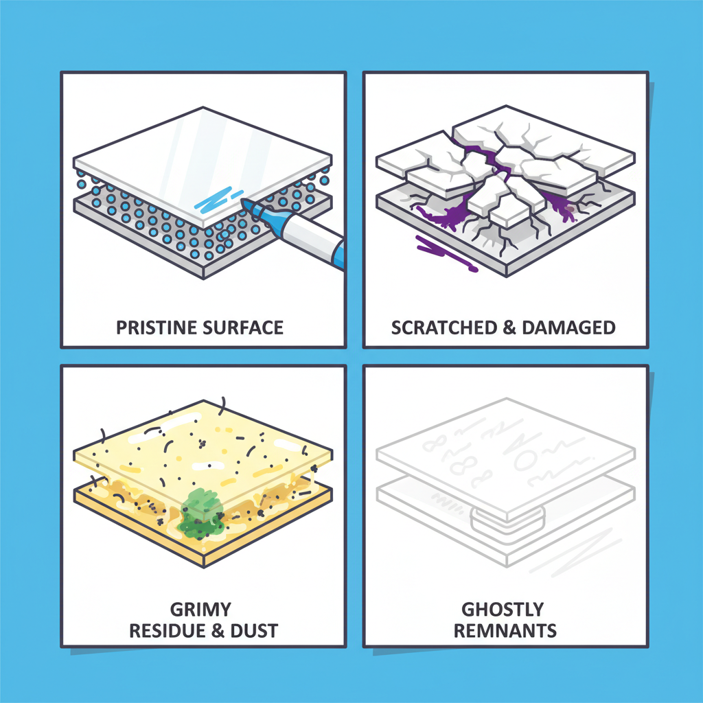 A detailed infographic-style illustration depicting the common reasons a whiteboard becomes difficult to clean. The image shows a cutaway, microscopic view of a whiteboard surface, divided into distinct sections. One section illustrates a pristine, smooth surface. Another shows a degraded, scratched surface with permanent marker ink deeply embedded. A third section depicts sticky, grimy residue accumulating on the surface, attracting dust particles. A final section portrays faint, ghostly remnants from improper cleaning. The overall visual should clearly communicate the physical degradation and accumulation issues causing the problem, using bright, clean visual elements.