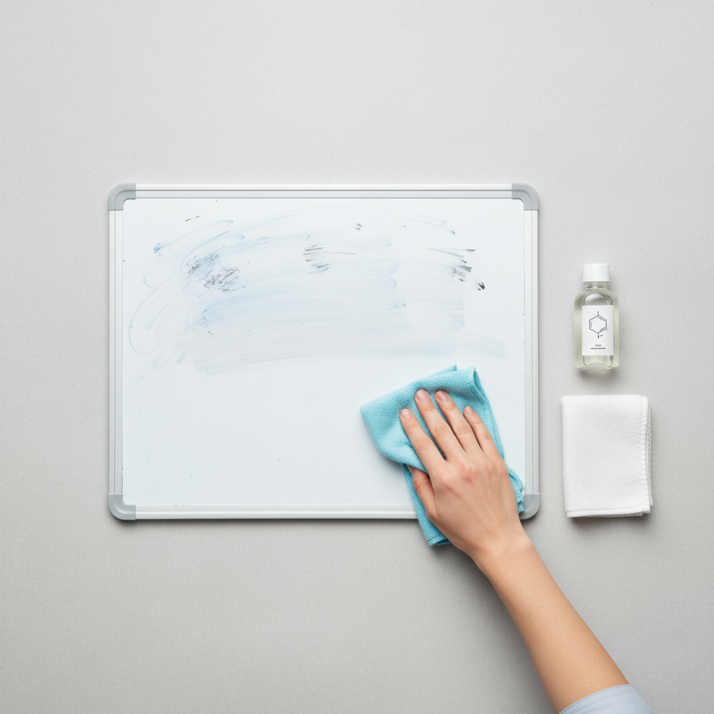 A professional, clean flat lay illustration demonstrating the process of cleaning a whiteboard with isopropyl alcohol. The scene features a segment of a whiteboard, clearly showing stubborn smudges and ghosting marks from previous writing. Arranged next to it are a small, generic bottle of isopropyl alcohol, a soft, lint-free microfiber cloth, and a separate clean, dry microfiber cloth. A hand, reaching into the frame from the side, is gently wiping a section of the stained whiteboard with the alcohol-dampened cloth, visually showing the smudges lifting and disappearing, revealing a clean white surface underneath. The overall aesthetic is bright, practical, and instructional.
