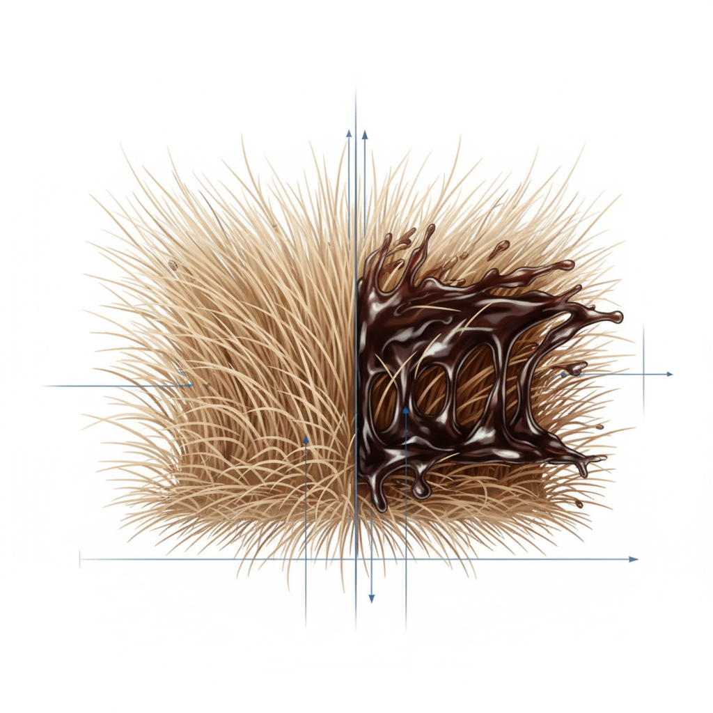 A detailed, cutaway illustration showing the microscopic structure of suede. On one side, the fine, individual fibers are clean, soft, and separate, depicting healthy suede. On the other side, a distinct area shows a darker, viscous substance (representing grease) deeply absorbed between the fibers, causing them to clump, flatten, and appear discolored. The transition from clean to contaminated fibers is clearly visible, visually explaining how grease penetrates the porous material and alters its structure. Style: A detailed infographic-style illustration with clear, contrasting elements and a clean, technical aesthetic.