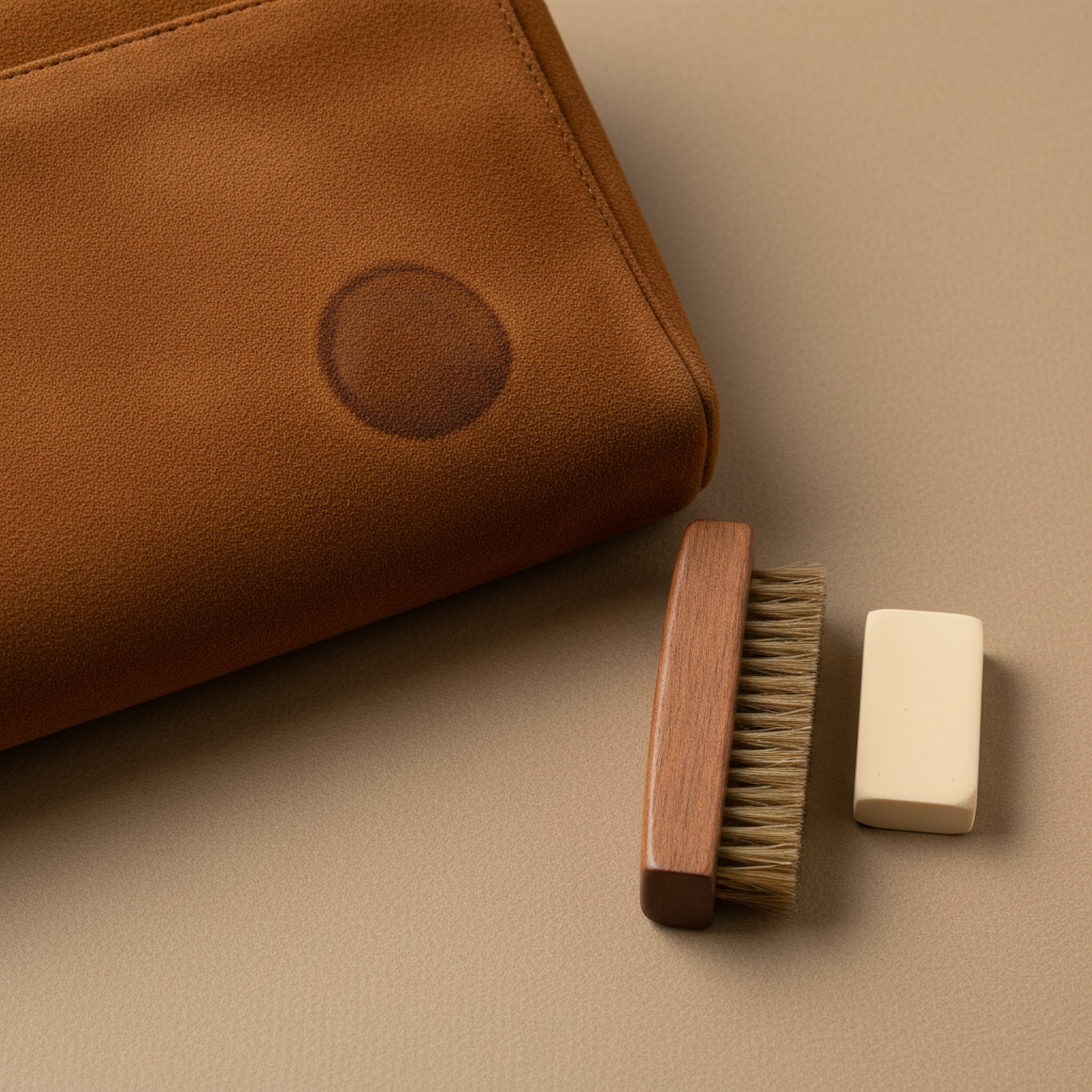 A professional, high-resolution close-up photo of a section of deep tan suede material, possibly from a luxurious boot or handbag. A distinct, dried coffee stain is visible on the suede surface, subtly contrasting with its soft texture. Arranged neatly beside the stained area, on a clean, matching background, are essential suede cleaning tools: a specialized suede brush with dual brass and rubber bristles, and a small, rectangular block of a clean, light-colored suede eraser. The lighting is soft and natural, emphasizing the rich texture of the suede and the practical readiness of the cleaning implements.