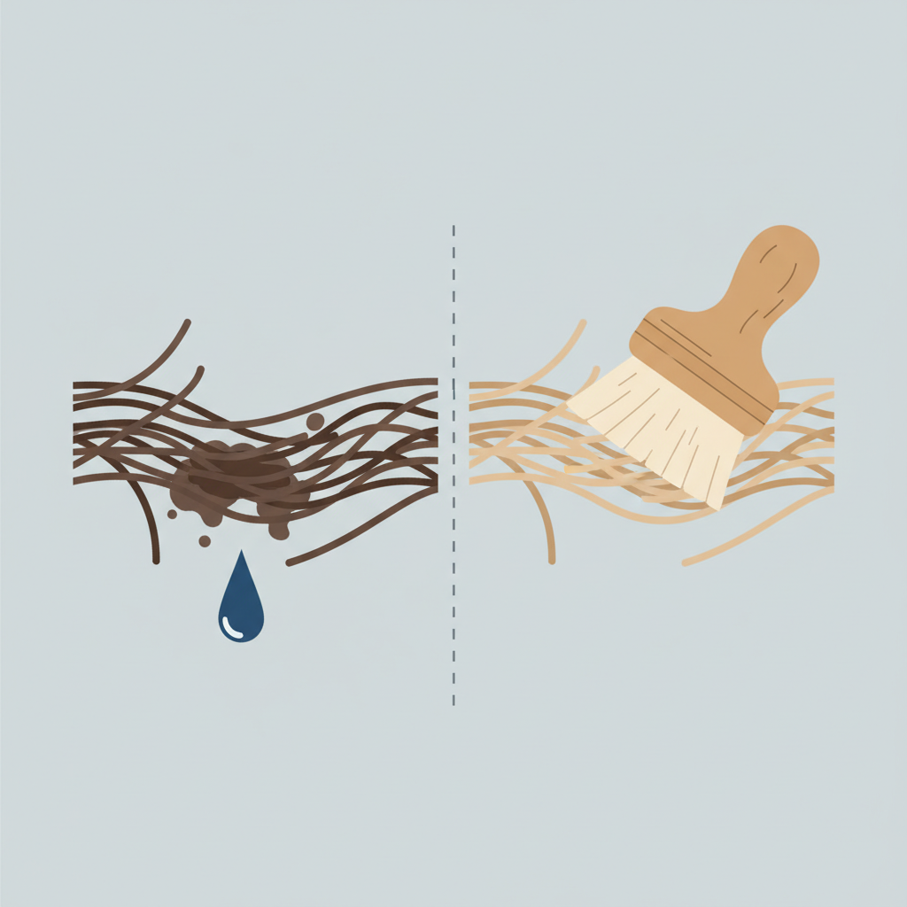 An elegant, flat illustration in a clean, infographic style. The image depicts a magnified view of suede fibers. On the left side, a small, dark liquid droplet is shown being absorbed into a cluster of suede fibers, causing them to appear slightly matted and discolored. On the right side, the clean, delicate fibers of suede are shown being gently lifted and separated by the soft bristles of a stylized suede brush, restoring their velvety appearance. The background is simple and uncluttered, allowing the focus to remain on the visual explanation of suede's sensitivity and the restoration process.