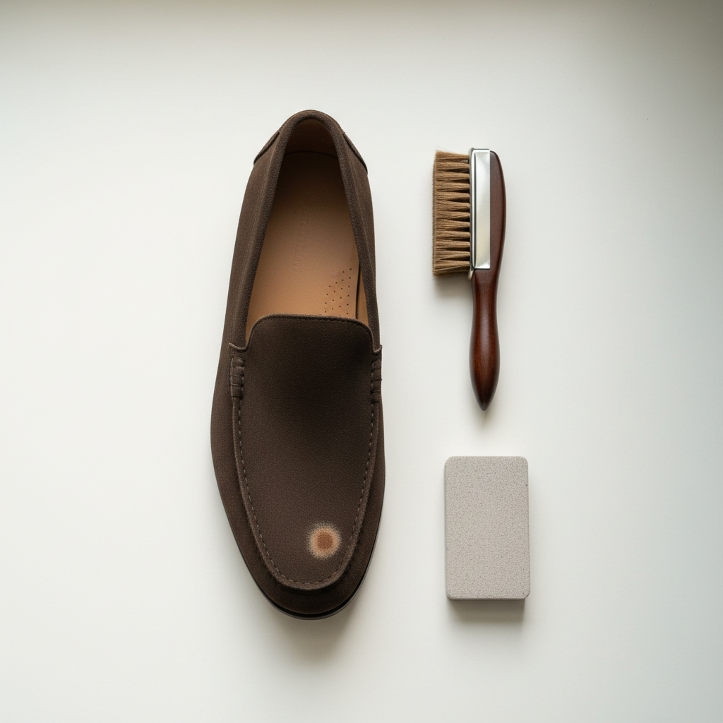 A high-angle, professional product photograph showcasing a luxurious dark brown suede loafer. The loafer has a small but clearly visible light brown stain on its toe area, indicating damage. Neatly arranged next to the shoe on a clean, light-colored surface are essential suede cleaning tools: a sleek suede brush with brass or nylon bristles and a rectangular suede eraser. The composition should convey readiness for gentle restoration, with soft, natural lighting highlighting the suede's texture and the problem area.