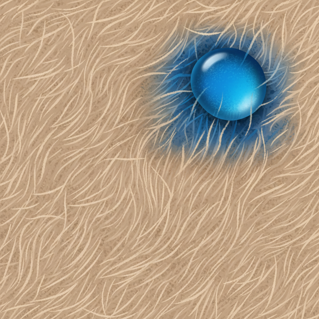 A highly detailed, realistic illustration depicting a slightly magnified view of suede's intricate fiber structure. The image should zoom in on the velvety surface, showcasing individual, soft fibers creating the characteristic nap. In one section, a small, vibrant blue liquid droplet is visibly being absorbed into the suede, with some fibers already darkened and clumped, while others surrounding it remain dry and pristine. This visual emphasizes suede's delicate nature and its tendency to absorb liquids, requiring careful handling.