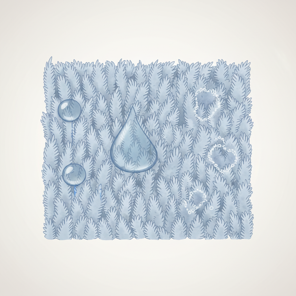A highly detailed, cross-section diagram style illustration of suede material at a microscopic level. Show the individual, soft, raised fibers (Flor) creating the characteristic texture. Depict several translucent water droplets interacting with the fibers: some droplets are sitting on top of untreated fibers, beginning to seep in, while others have fully penetrated and are drying unevenly within the fiber structure, leaving behind faint, subtle mineral deposit rings. The overall impression should clearly explain why suede is sensitive to water stains, emphasizing the porous nature. Use a detailed scientific illustration or flat illustration style with subtle gradients.