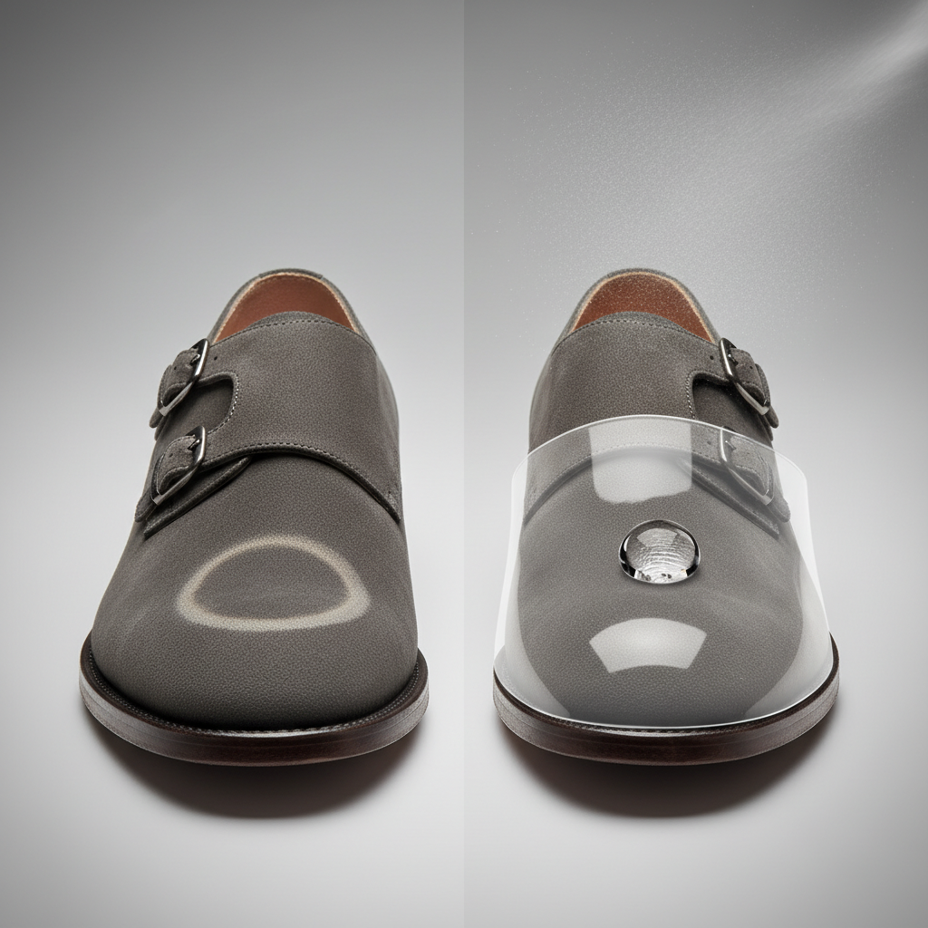 A professional product photography style image showcasing the concept of suede protection. On one side of the frame, a dark suede item (e.g., a shoe or a handbag) has a visible, subtle dried water ring stain, highlighting the problem. On the other side, an identical suede item looks pristine and has an invisible, translucent protective layer forming a clear barrier against a single, perfectly beaded water droplet that is unable to penetrate the surface. A faint, almost imperceptible mist effect hovers near the protected item, subtly suggesting the application of a protective spray. The focus is on the contrast of vulnerability versus protection.