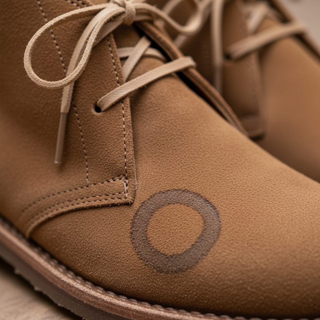 A highly detailed, professional close-up photo of a luxurious suede desert boot or elegant loafer. The shoe exhibits a clearly visible, dried water stain, appearing as an irregular, slightly darker or lighter ring that contrasts sharply with the pristine, velvety texture of the surrounding suede. The soft nap of the suede should be palpable, emphasizing how the water has altered its delicate fibers. The background is softly blurred, ensuring the entire focus remains on the intricate texture of the suede and the specific visual characteristics of the water stain. Style: professional photo, macro photography, realistic.