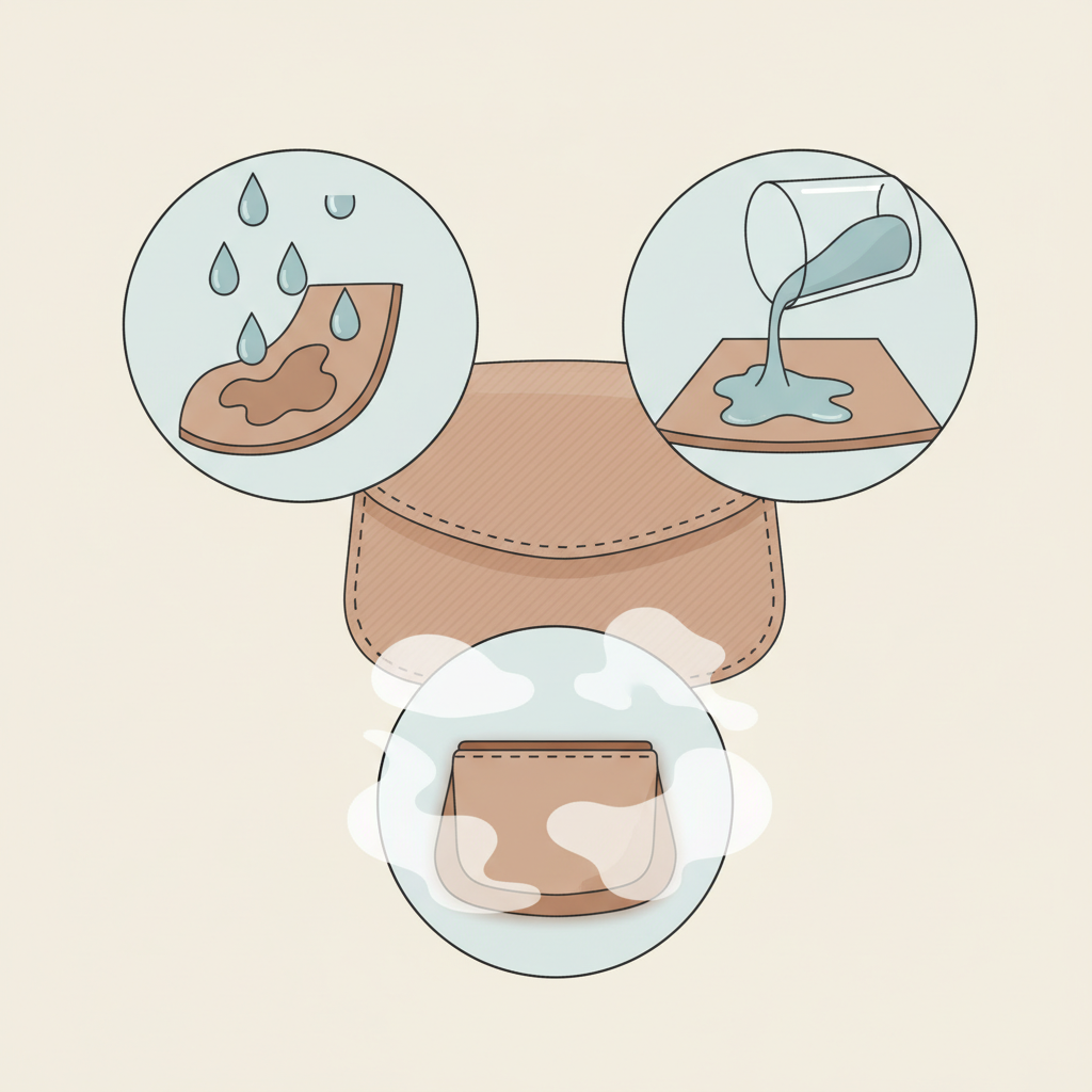 A clean, conceptual flat illustration depicting the common causes of water stains on suede. The central element features a stylized segment of a suede item, perhaps a shoe upper or a handbag flap, showcasing its characteristic texture. Arranged around this central piece are three distinct visual vignettes: one showing gentle rain droplets falling onto a suede surface, another illustrating clear liquid gently spilling from a generic glass onto a suede material, and a third representing a humid environment indicated by soft atmospheric vapor surrounding a suede object. The overall composition is simple, using a cohesive, muted color palette. Style: flat illustration, clean lines, minimalist, conceptual infographic.