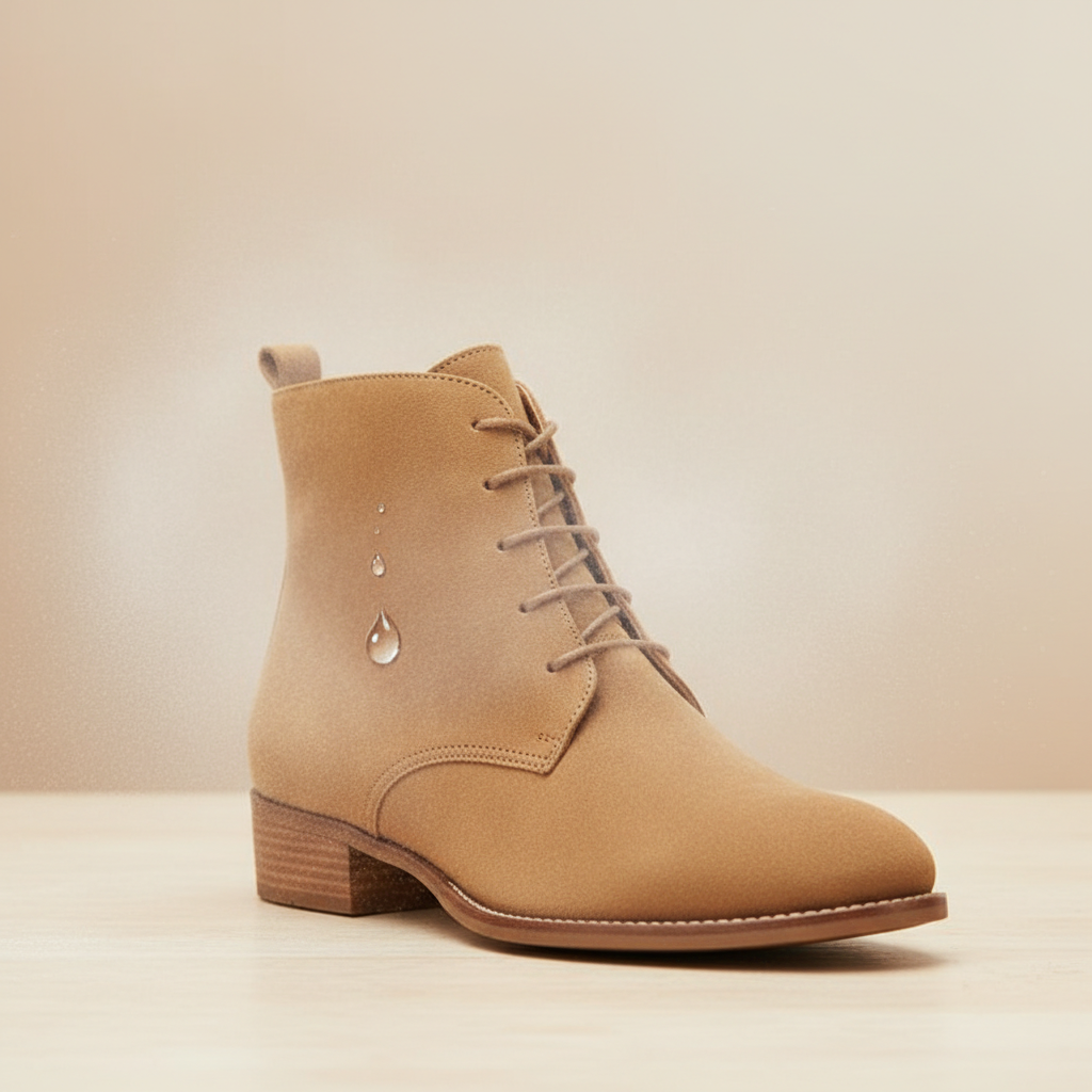 A high-quality, professional product photo showcasing a stylish tan suede ankle boot. A fine mist of protective spray is subtly visible, enveloping the boot, suggesting impregnation. On a small section of the boot's surface, a tiny water droplet beads up and rolls off, demonstrating the hydrophobic effect. The background is a clean, neutral studio setting, highlighting the luxurious texture of the suede and the protective action. Focus on crisp detail and soft lighting, conveying care and durability.