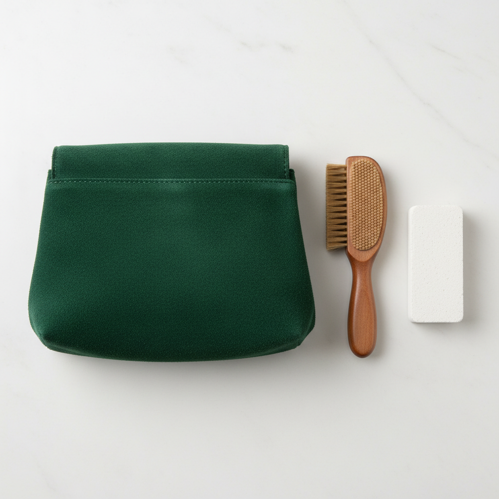 A beautifully composed flat lay image featuring a close-up of a deep forest green suede handbag. Its distinct velvety texture is highly visible and appealing. Arranged neatly beside it are essential suede care tools: a dual-sided suede brush (one side with stiff bristles, the other with rubber nubs) and a cleaning block/eraser. The overall aesthetic is clean and inviting, emphasizing the material's elegance and the importance of specific care instruments for maintenance. The focus is on the tactile quality of the suede.