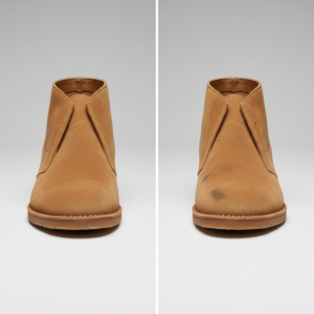 A split image or a visual comparison showcasing the dual nature of suede. On one side, a pristine, luxurious suede desert boot in a rich, warm camel color, perfectly clean, highlighting its soft, velvety texture and elegant appearance under gentle lighting. On the other side, the same boot with subtle, minor dirt smudges and a small, dried water mark, subtly indicating its vulnerability to stains and moisture. The background should be minimalist and neutral, allowing the footwear to be the sole focus. Style: Professional product photography with an emphasis on texture and subtle contrast.