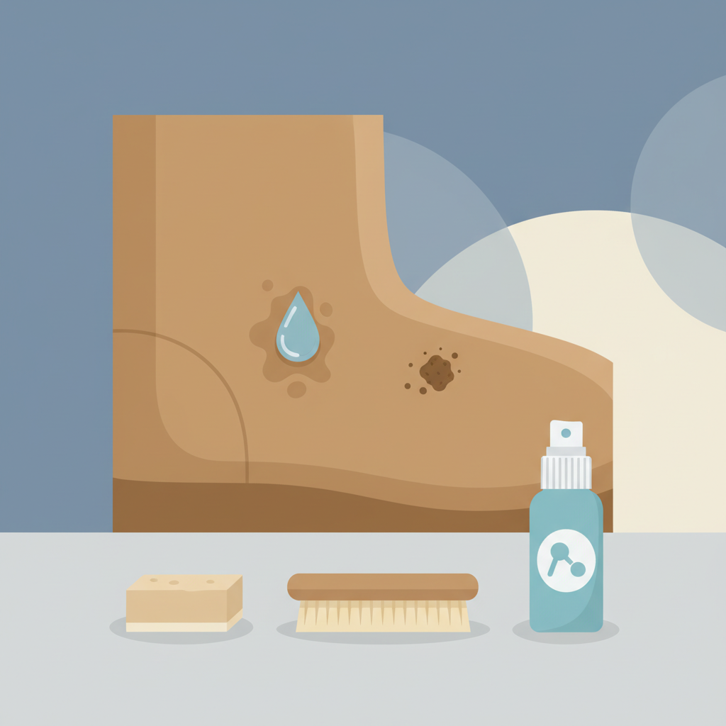 An informative flat illustration depicting the characteristics and needs of suede. A stylized close-up of a suede fabric surface (e.g., a part of a shoe or jacket) where a small water droplet is shown beginning to absorb into the fibers, and a tiny, almost microscopic dirt speck is clinging to the velvety texture, symbolizing its stain and water sensitivity. Neatly arranged in the foreground or alongside, illustrate a few generic suede cleaning tools: a soft-bristled brush, a rectangular cleaning block, and a small protector spray bottle. The background is simple and clean. Style: Flat illustration with a soft, clean color palette, focusing on clarity and symbolism.