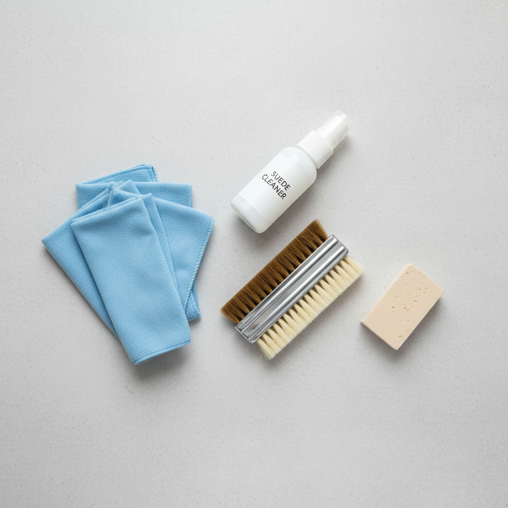 A meticulously arranged flat lay showcasing essential suede shoe cleaning tools. Prominently featured are a dual-sided suede brush with distinct brass/rubber and soft bristle sides, a rectangular suede eraser, and a stack of clean, folded microfiber cloths. A generic, unlabelled spray bottle, representing a suede cleaner, is positioned nearby. The background is a clean, minimalist surface. The lighting is bright and even, creating a professional product photography style, emphasizing the textures of the tools and materials.