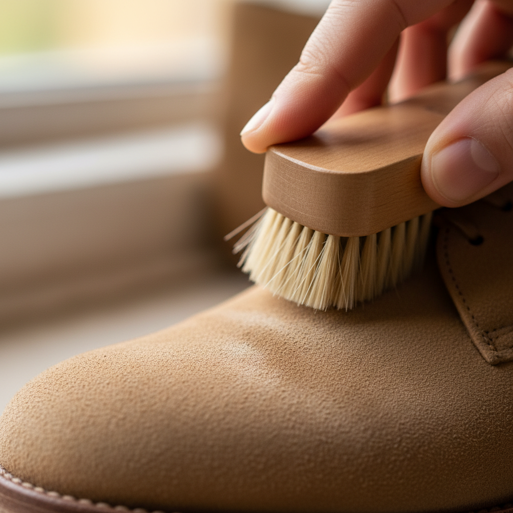 A close-up, macro-style photo of a person's hand gently using a suede brush on a light brown suede shoe. The brush, with its soft bristles, is carefully sweeping over a subtle, dried water stain or scuff mark on the shoe's surface. The intricate, velvety texture of the suede is highly detailed, showing individual fibers. The background is softly blurred, focusing all attention on the shoe and the cleaning action, conveying a sense of delicate care and attention to detail under natural, diffused lighting.