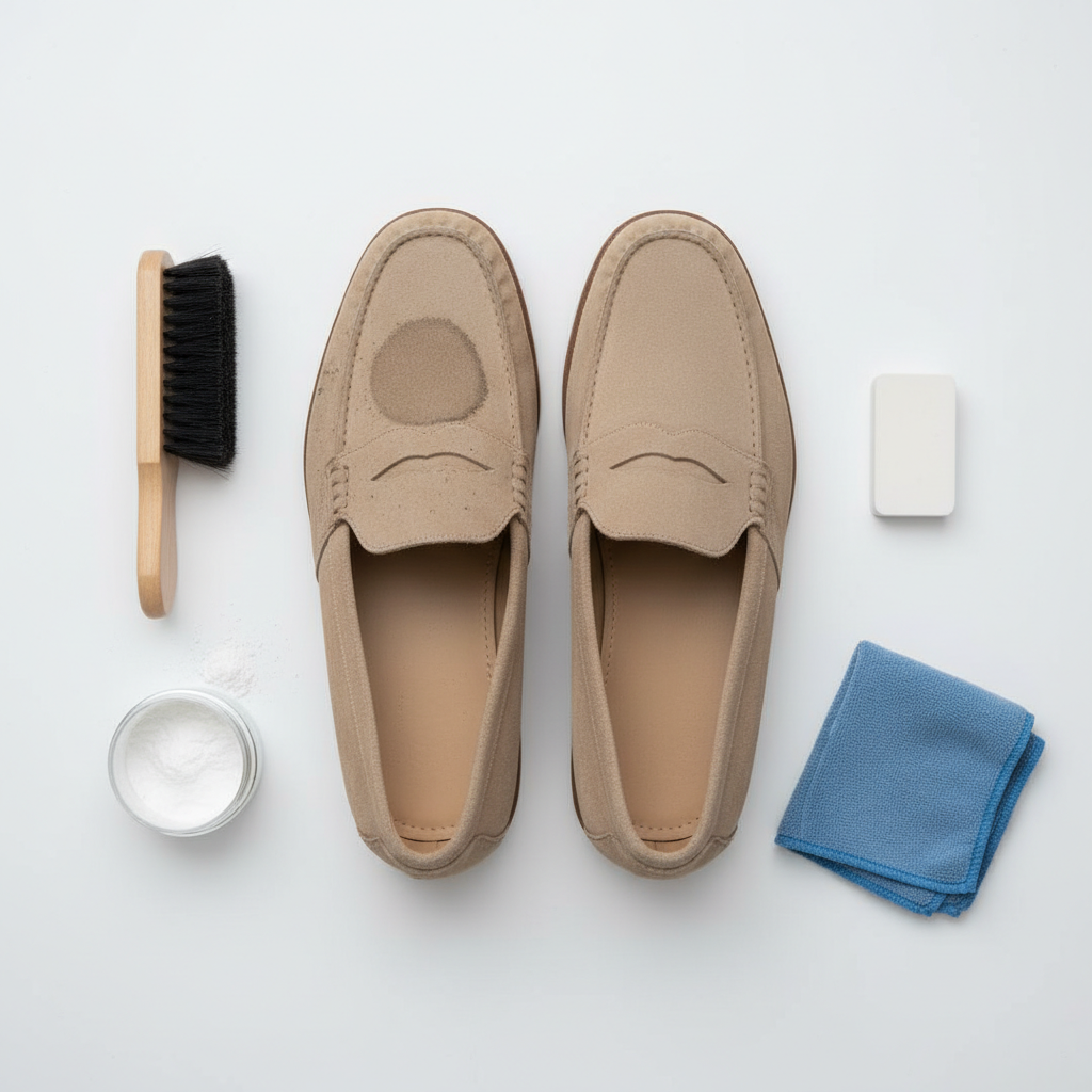 A clean, well-lit overhead shot of a pair of stylish, light brown suede loafers with visible dirt and a small water stain on one shoe. Arranged neatly around the shoes are the essential cleaning tools: a dual-sided suede brush (showing both bristle and rubber sides), a small rectangular suede eraser, and a small container of white powder (talcum or cornstarch). A soft, folded microfiber cloth is also present. The scene should convey a sense of preparedness for cleaning, highlighting the main items needed, with a bright, airy aesthetic. Professional product photography style, clean background.