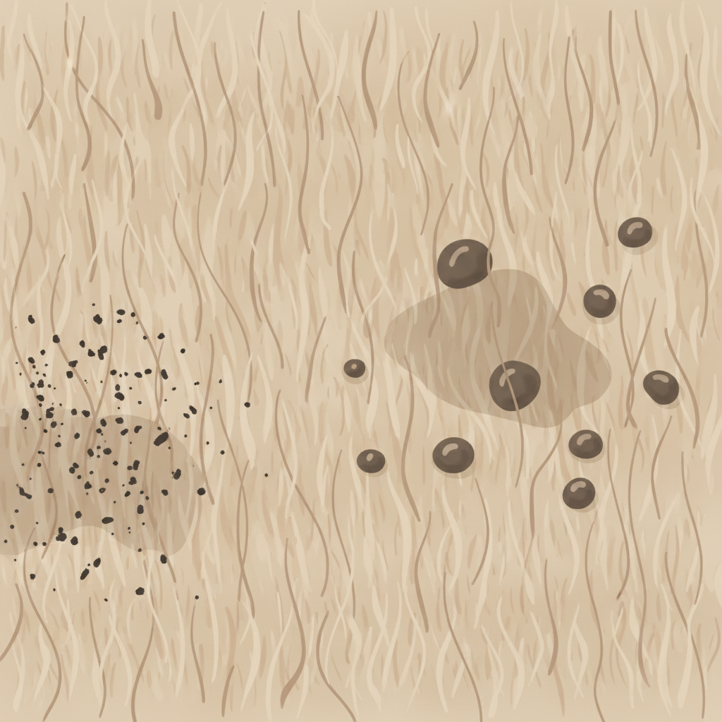 A macro, conceptual illustration of the delicate, fibrous surface of light tan suede, rendered in a soft, slightly fluffy texture. Show tiny, individual fibers standing upright. One section of the surface depicts minuscule dark particles (representing dirt) trapped between the fibers, while another area shows subtle, dark liquid droplets (representing water or oil) beginning to seep and spread amongst the fibers. The overall impression should be a visual explanation of why suede is so prone to absorbing stains. Flat illustration style with a subtle 3D effect for the fibers, clean and modern.
