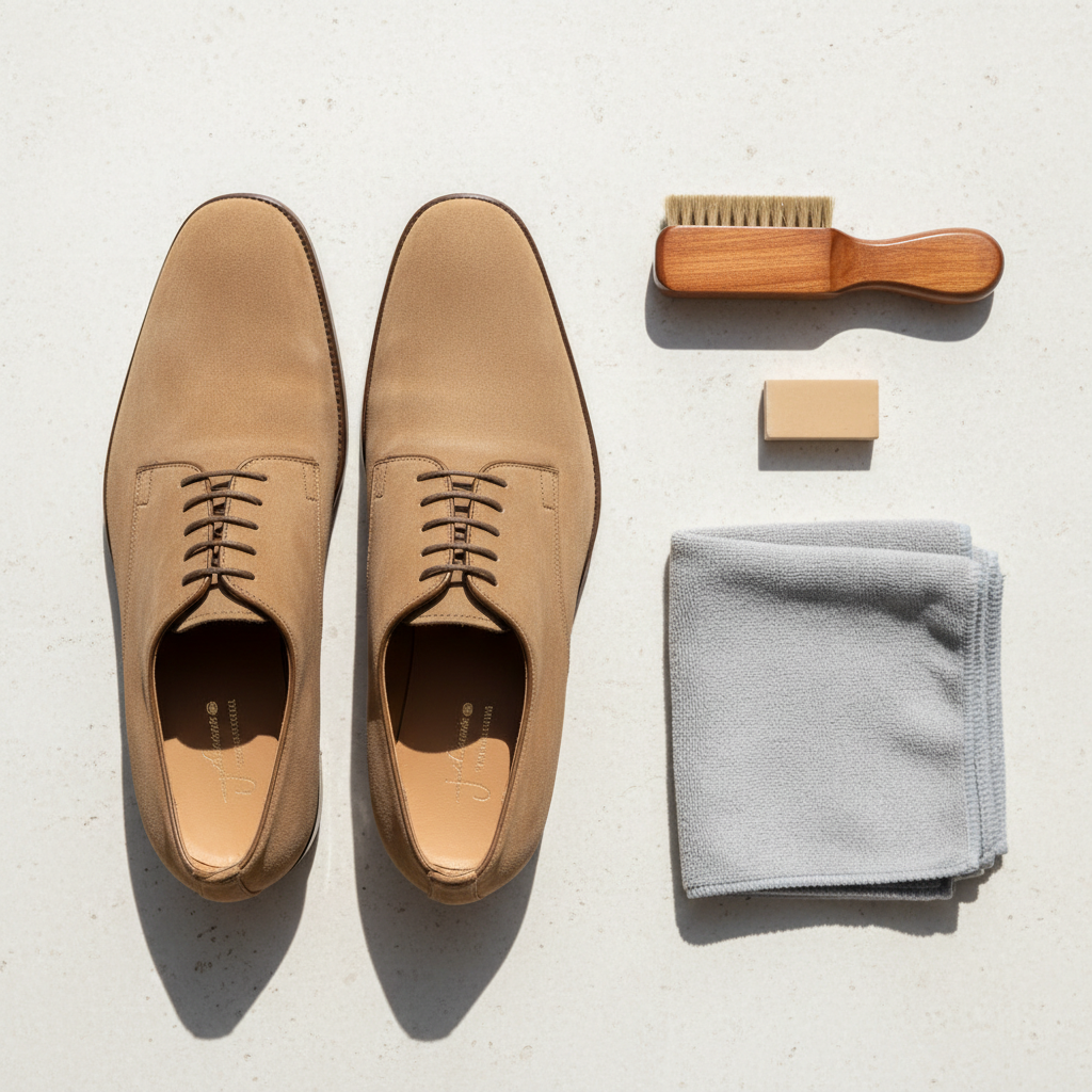 A professional, top-down photo capturing a pair of elegant, well-maintained suede shoes on a minimalist, light-colored surface. One shoe displays a visible, light dirt or water stain on its side, while the other appears pristine. Neatly arranged beside the shoes are essential cleaning tools: a specialized suede brush with brass bristles, a beige suede eraser, and a folded, soft microfiber cloth. The scene is bright and clean, emphasizing the contrast and the tools for restoration.