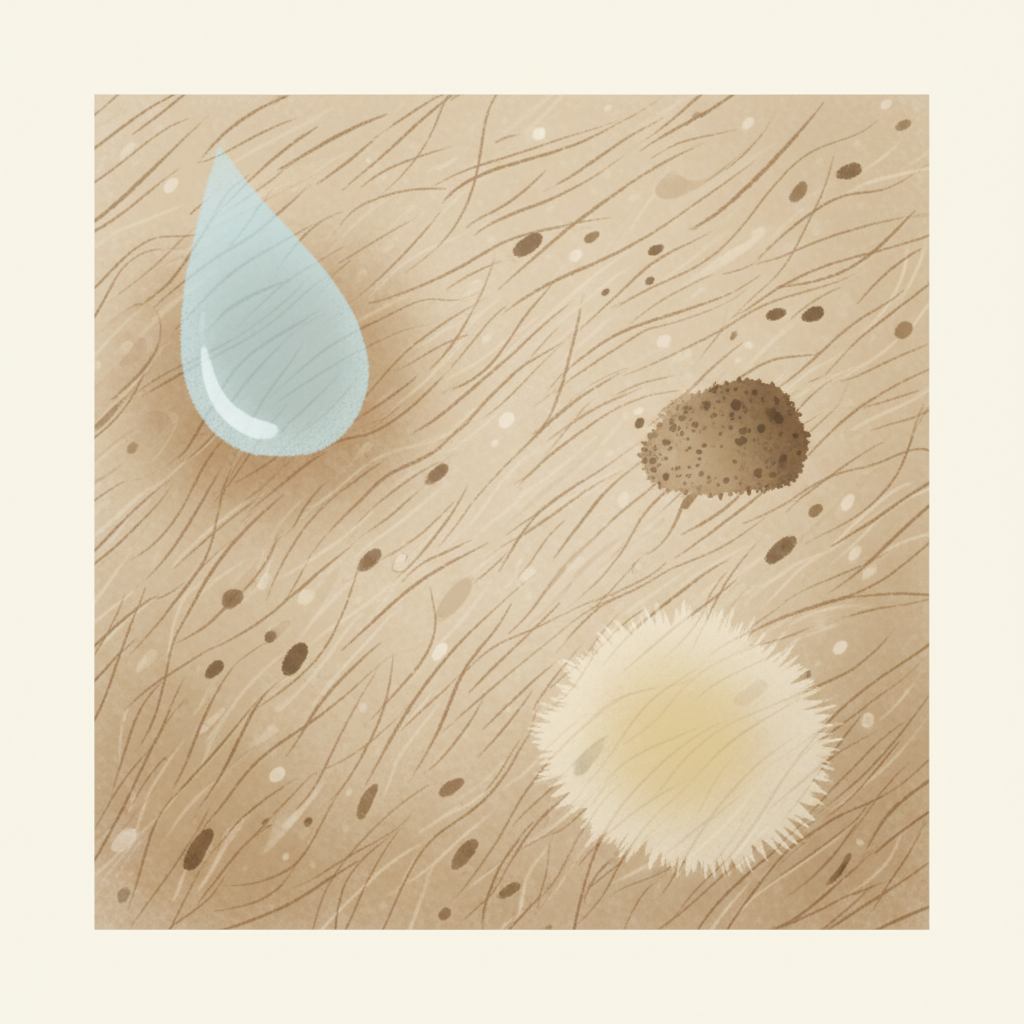 A conceptual flat illustration with a soft, natural color palette, focusing on the delicate and porous nature of suede. The central element is a detailed, magnified texture of suede, showing its fine, open fibers. Subtle, stylized graphic elements representing common culprits are integrated: a light blue water droplet subtly seeping into the fibers, a small, brownish dirt speck adhering to the surface, and a faint, yellowish oil stain spreading slightly. The background is simple, allowing the suede texture and its vulnerabilities to be the main focus.