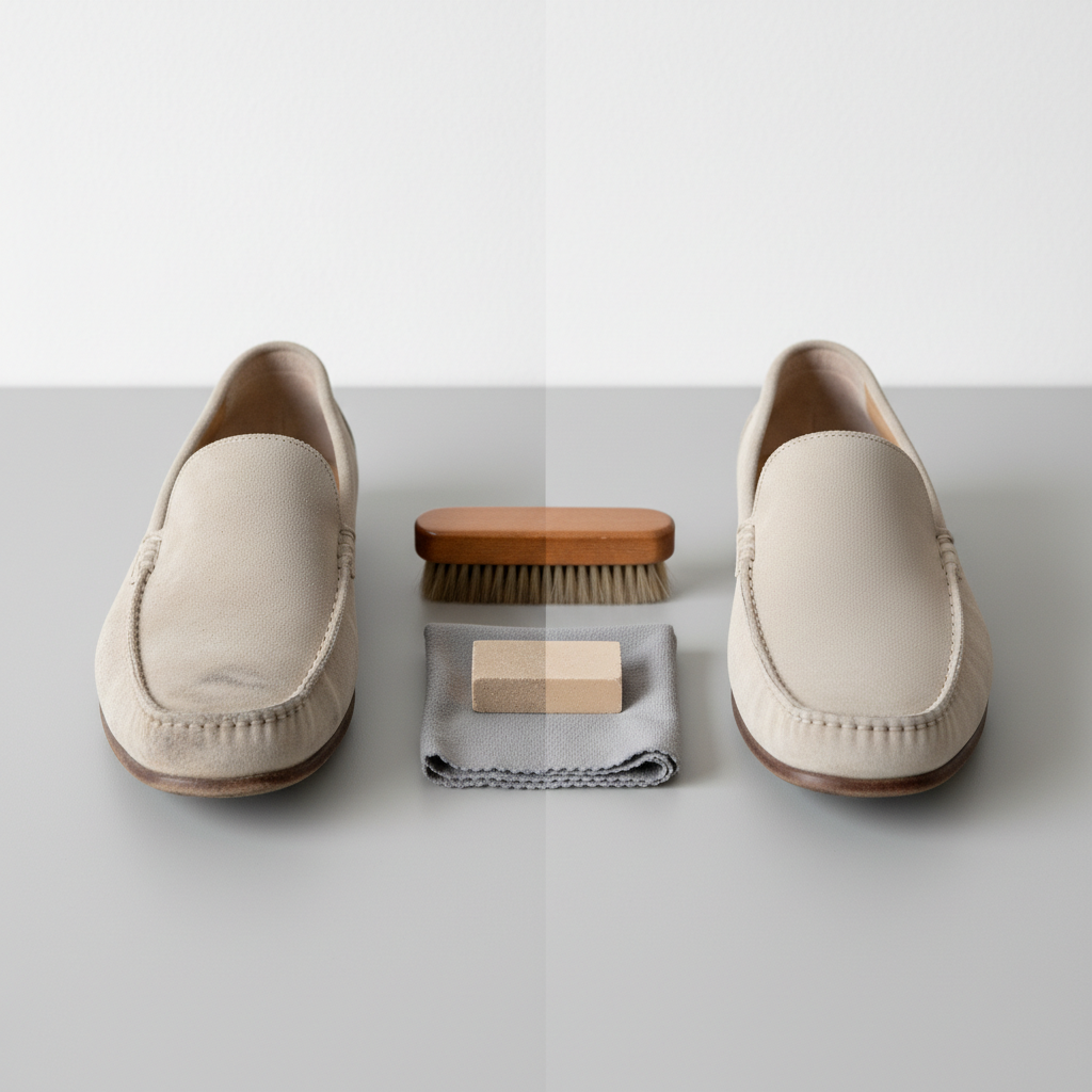 A split image or juxtaposition showing a pair of elegant, light-beige suede shoes. On the left side, one shoe appears dull, scuffed, and has visible dust and a water stain, representing 'before.' On the right side, the identical shoe looks immaculate, its soft nap restored and vibrant, representing 'after.' Arranged neatly between them on a clean, light surface are key suede cleaning tools: a two-sided suede brush (one side with stiff bristles, the other with softer nubs), a small block-shaped suede eraser, and a neatly folded grey microfiber cloth. Professional product photography with soft, even lighting.