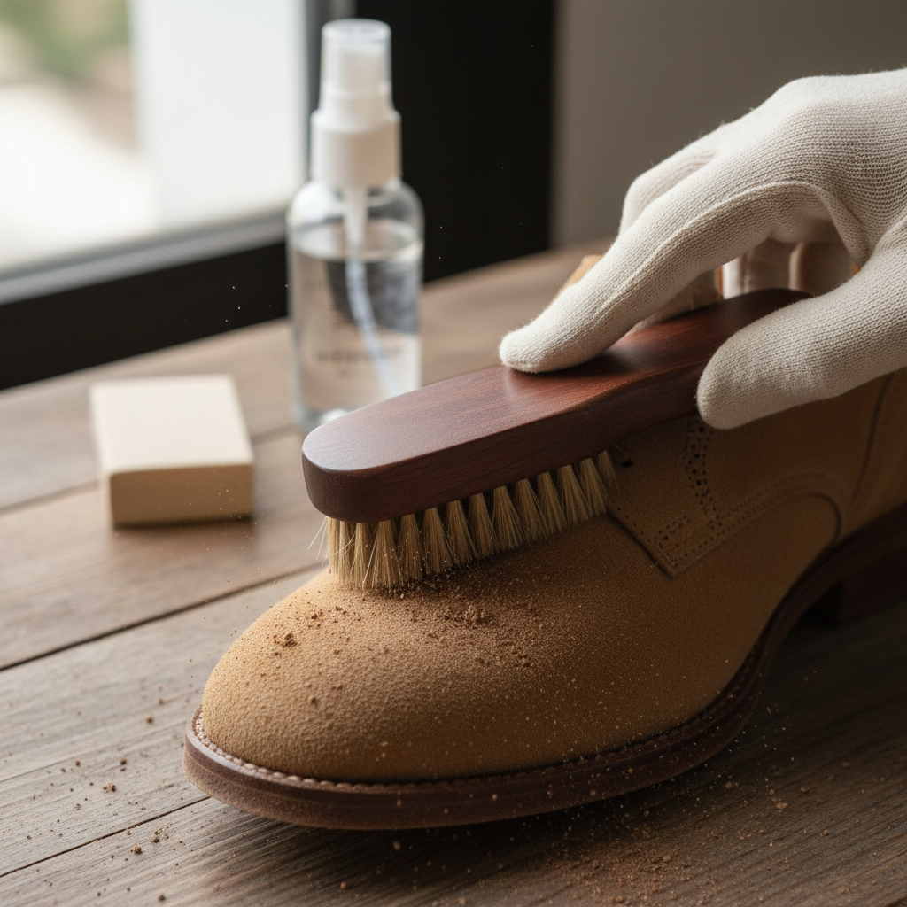 A close-up, dynamic shot capturing the process of cleaning a light brown suede shoe. A hand, mid-action, gently uses the bristly side of a specialized suede brush to remove visible dry dirt from the shoe's surface. The suede texture is highly detailed, showing individual fibers responding to the brush. In the soft-focused background, a block-shaped suede eraser and a small spray bottle (for waterproofing or cleaner) are subtly visible, hinting at a complete cleaning kit. The lighting is bright and natural, highlighting the tactile nature of the material. Flat lay or slightly elevated angle.
