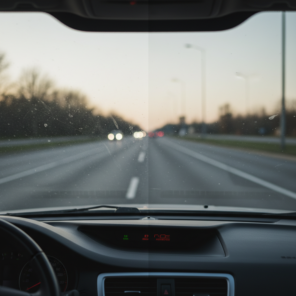 A professional, wide-angle interior shot from a car, looking out through the front windshield. The windshield is visually split down the middle. The left half is covered in a noticeable film of haze, smudges, and dirt, causing the outside scene (a road with subtle traffic) to appear blurry and indistinct. The right half is sparkling clean and transparent, offering a crystal-clear, sharp view of the identical road scene outside, conveying a strong sense of improved clarity and safety. The overall lighting is neutral, avoiding direct glare.