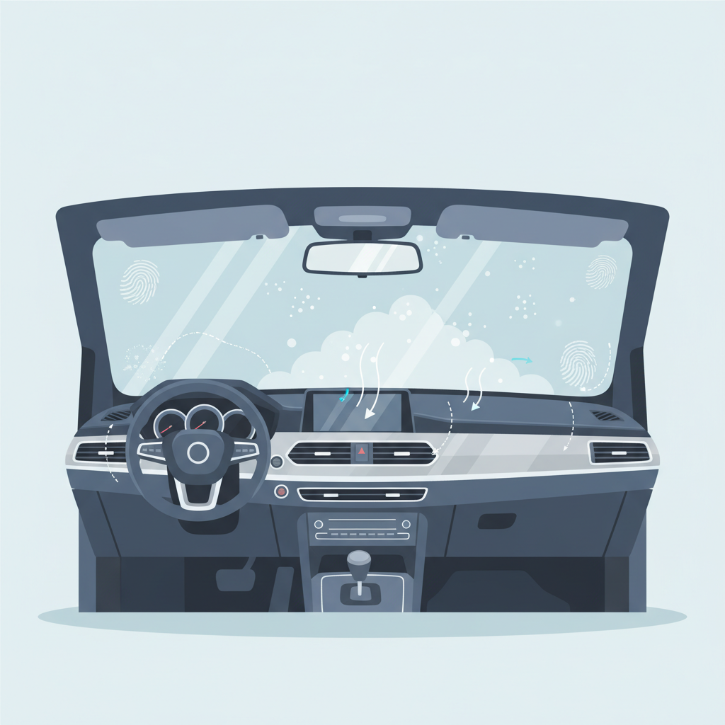 A modern, clean flat illustration of a car's interior from a slightly elevated perspective, focusing on the windshield and dashboard area. The inner surface of the windshield subtly displays various stylized elements representing common dirt sources. These include faint 'fingerprint' outlines, small 'dust' particles floating and settled, subtle wavy lines indicating 'outgassing' from the dashboard, and a light 'smoky haze' effect. Subtle visual cues like dotted lines or transparent arrows can connect these sources to the windshield, illustrating the accumulation process without being explicit text.