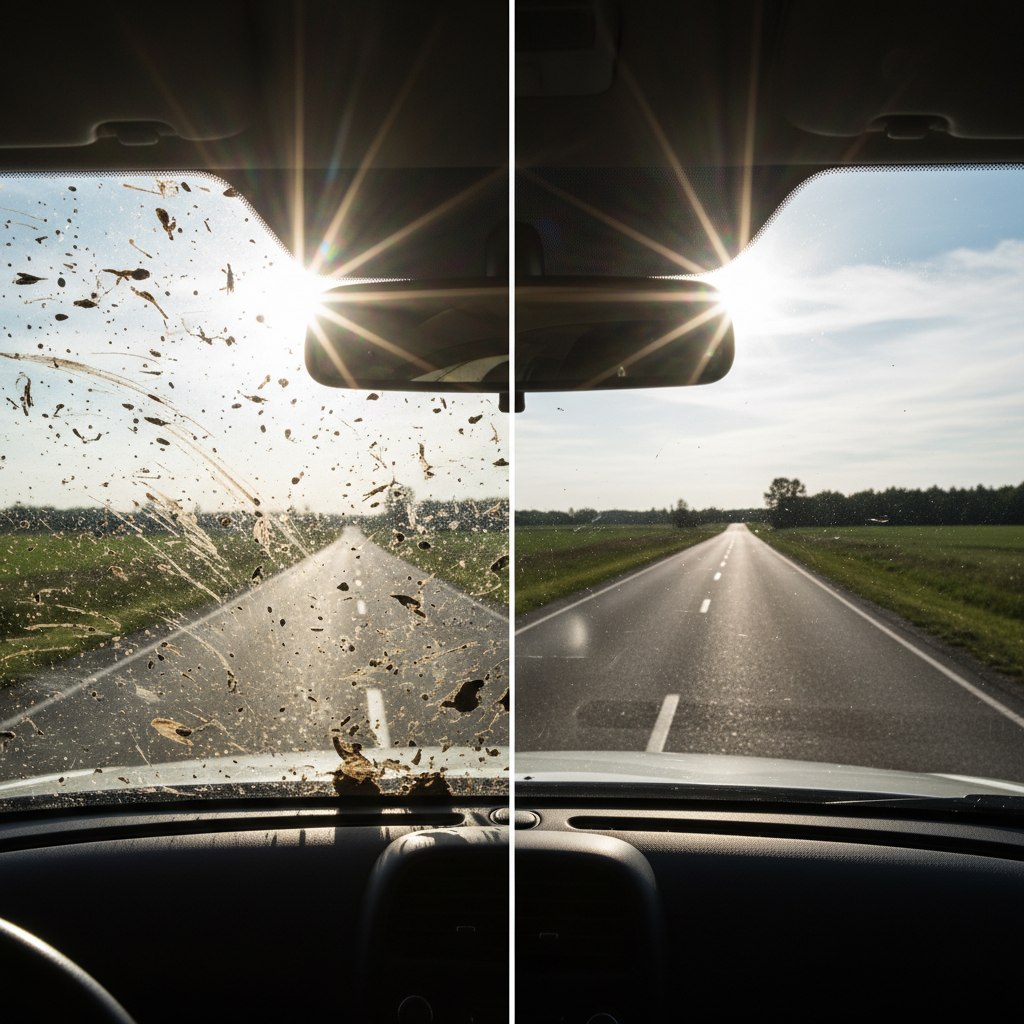 A visually striking split image. On the left side, a car's windshield is heavily smudged with dirt, water marks, and insect residue, creating a strong, blinding glare from an approaching sun or headlights, severely obscuring the view of the road ahead. On the right side, the exact same car windshield is impeccably clean and crystal clear, showing a sharp, unobstructed view of a road stretching into the distance under the same lighting conditions, conveying enhanced safety and visibility. Professional photo style, high contrast, vivid.