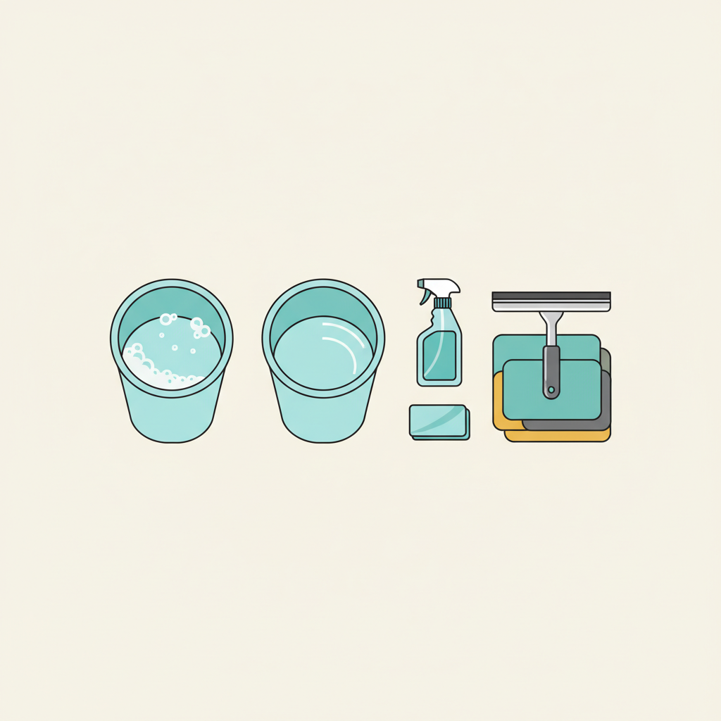 A clean, minimalist flat lay illustration showcasing the essential tools for windshield cleaning. The composition features two buckets, one filled with soapy water and the other with clear rinse water. Neatly folded, soft microfiber towels of different colors are arranged next to a spray bottle of automotive glass cleaner, a professional-grade squeegee, and a small bar of detailing clay. All items are positioned on a clean, light-colored surface, emphasizing organization and readiness for cleaning. Flat illustration style, bright colors, clear lines.
