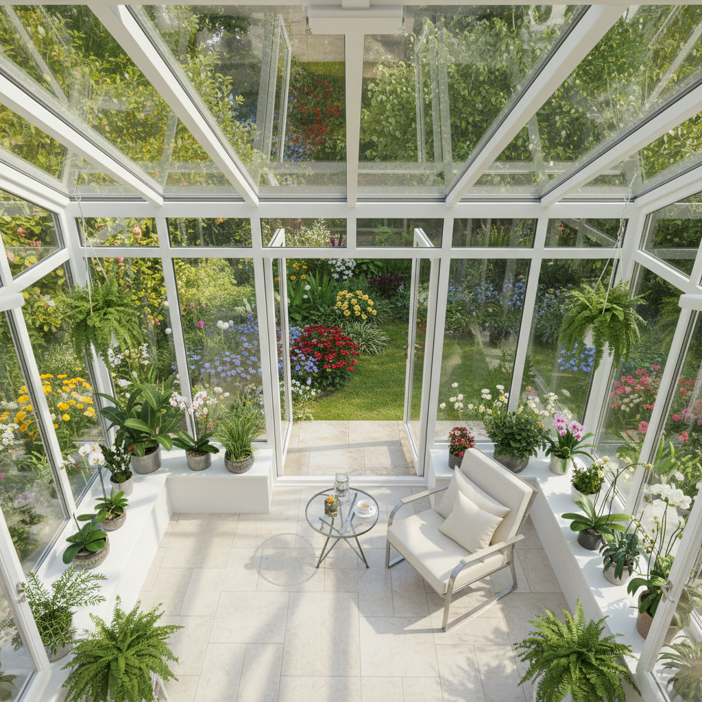A vibrant, high-angle professional photo showcasing a clean, sparkling conservatory interior looking outwards. The glass panels are immaculately clear and highly reflective, allowing abundant sunlight to stream in and revealing a lush, vibrant garden outside without any visual obstructions. Inside, healthy, well-lit plants thrive, and the overall space appears inviting, bright, and airy. The image emphasizes the pristine, reflective surfaces and the bright, comfortable atmosphere, highlighting the 'glanz' and 'ungetrübte Ausblicke' of a freshly cleaned conservatory.