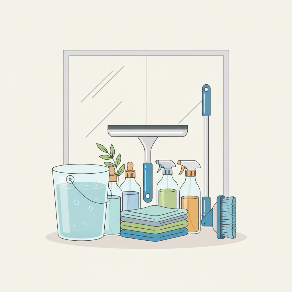 A clean, modern flat illustration depicting an assortment of specialized cleaning tools and eco-friendly solutions arranged neatly on a light background. The tools include a professional squeegee, a soft-bristle telescopic brush, microfiber cloths, a bucket filled with clean, shimmering water, and various spray bottles containing clear, colored liquids (representing different cleaning agents). These items are artfully organized, creating a sense of efficiency and preparedness, with subtle hints of a stylized glass panel or window frame to provide context.