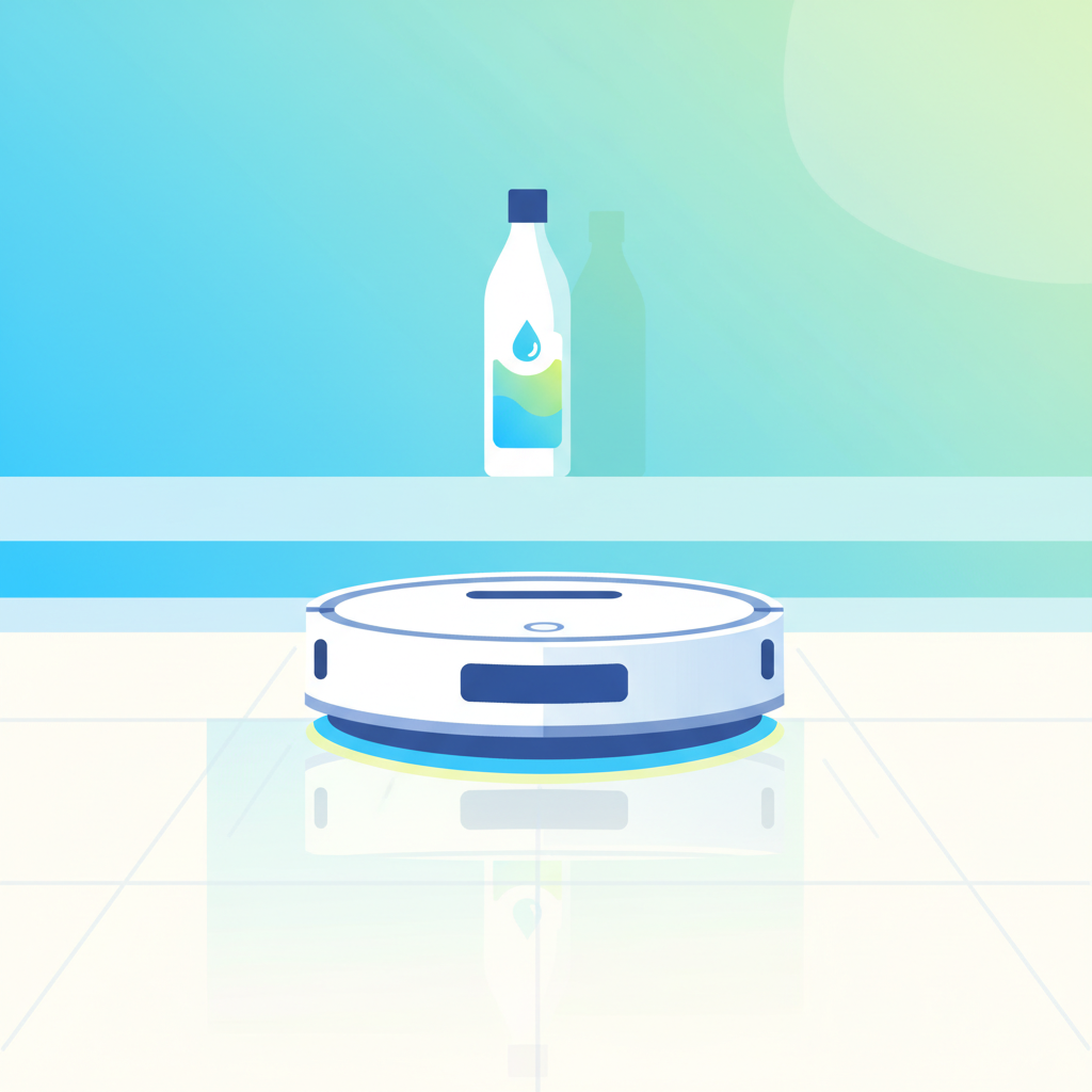 A modern, vibrant flat illustration showcasing a sleek robot mop gliding effortlessly across a sparkling clean, light-colored floor. A subtle, stylized bottle of specialized robot mop cleaning solution stands in the background, out of focus. The scene should exude a sense of freshness, efficiency, and cleanliness, with bright, inviting colors. The floor reflects a clean, hygienic environment, emphasizing the perfect result of using the correct cleaning agent. The robot mop itself is a futuristic, clean design.