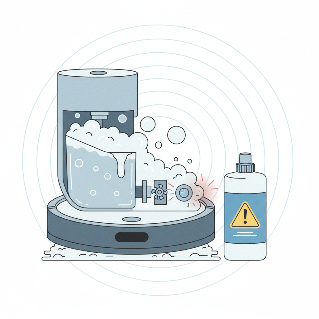 An infographic-style illustration depicting the potential dangers of using unsuitable cleaning agents in a robot mop. On one side, a cutaway view of a robot mop's internal water tank shows exaggerated, overflowing foam filling the compartment and subtly affecting internal components like pumps or sensors, indicated by symbolic stress lines or minor discoloration. A generic, non-specialized cleaning bottle with a 'danger' or 'caution' icon is positioned near the foam, symbolizing the cause. The overall palette uses muted tones with a touch of warning red to convey a cautionary message.