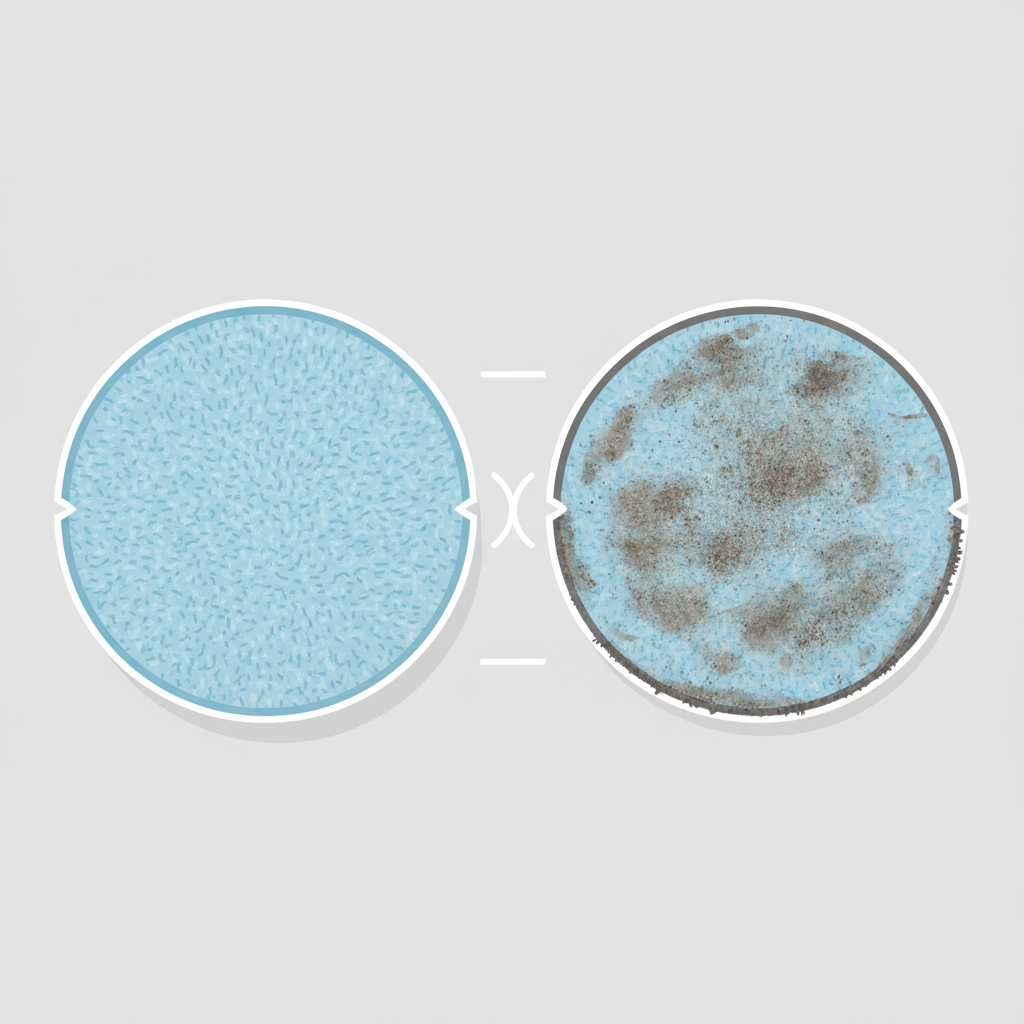 A clean, minimalist flat illustration comparing two identical robot mop pads. On the left, a pristine, bright white or light blue mop pad, looking fresh and unused. On the right, an identical mop pad, but visibly soiled with dark, smudged dirt and residue, appearing slightly frayed or worn at the edges. The background is simple and clean, emphasizing the contrast between the new and dirty state of the mop cloths.