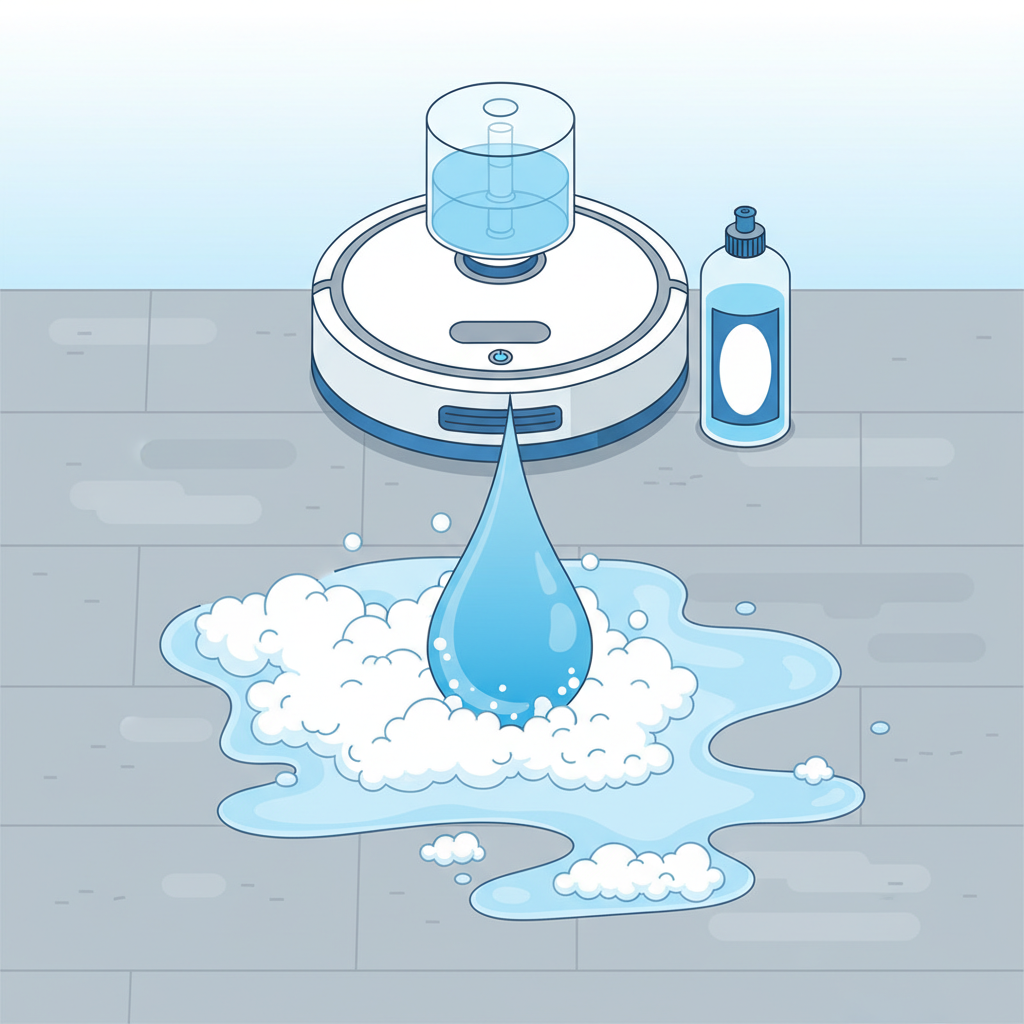 An infographic-style illustration depicting a robot mop with an integrated water tank or a cleaning solution bottle next to it. A large, stylized drop or flow of concentrated cleaning solution is shown being dispensed, with exaggerated foam or cloudy residue forming on a floor surface nearby. This visually represents the problem of 'too much' or 'unsuitable' cleaning agent. The color palette is clean and modern, focusing on the liquid and its effect.