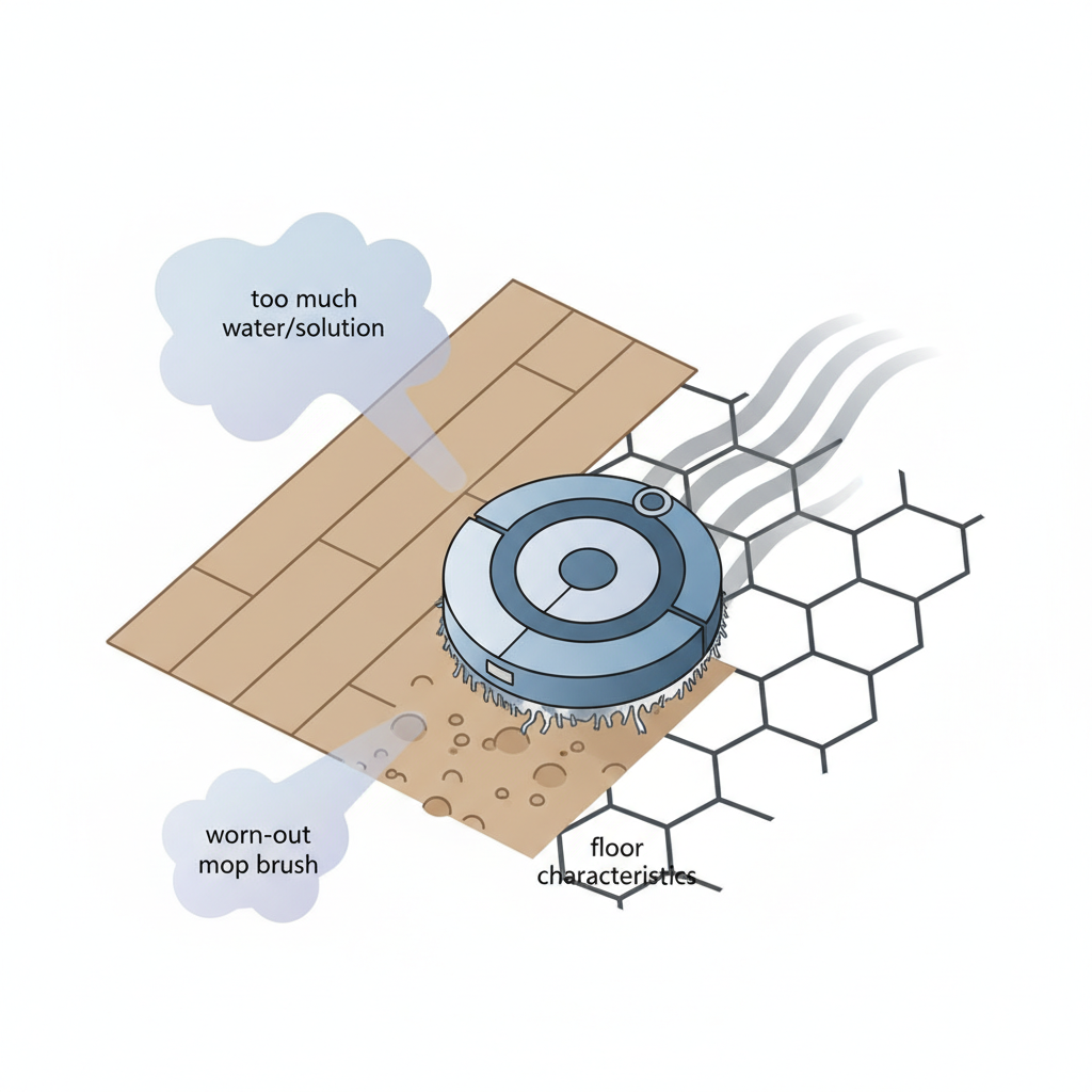 An abstract, geometric illustration showing a simplified diagram of a robot mop moving across a tiled or wooden floor. Around the robot, subtle visual elements represent contributing factors: a hazy cloud symbolizing residue from 'too much water/solution,' a textured patch on the floor symbolizing 'floor characteristics,' and a faded, worn-out texture on the mop brush itself. These elements subtly converge, leading to stylized, visible streak lines trailing behind the robot. Clean lines and a limited color palette.