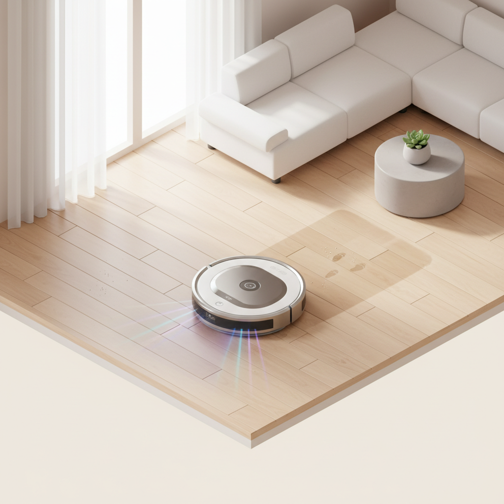 A sleek, modern robot mop autonomously gliding across a spotless, light-colored wooden floor in a minimalist living room. The robot leaves a subtly visible, clean and slightly damp path behind it, contrasting with a very small, barely noticeable hint of dust or footprints on the untreated floor ahead. Subtle sensor beams emanate from the robot, hinting at its navigation capabilities. The overall atmosphere should be bright and airy, conveying efficiency and ease. Style: Clean, modern isometric illustration with soft lighting.