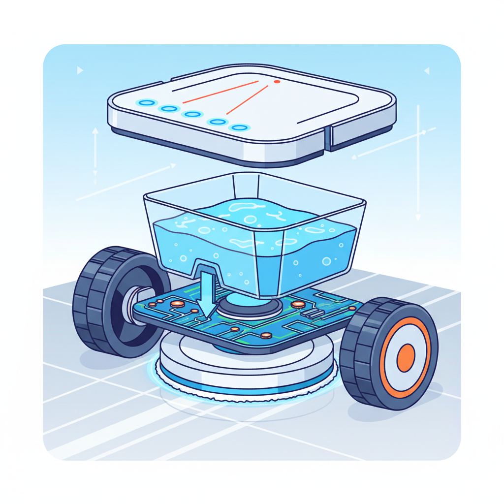 An artistic cross-section or exploded view of a generic robot mop. Clearly visible internal components include a transparent water tank filled with blue liquid, a cleaning pad attached to the underside, wheels, and a simplified representation of its navigation sensors (e.g., small glowing dots or beams). The illustration should subtly convey the process: water flowing from the tank to the pad, and the pad making contact with a stylized clean floor surface. Style: Detailed technical illustration with a clean, vector aesthetic and a vibrant color palette, suitable for an infographic.