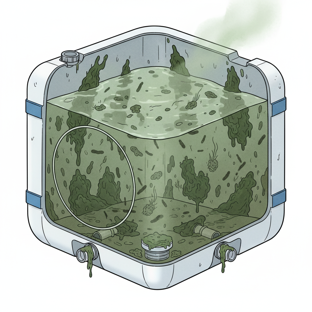 A detailed, cutaway illustration of a motorhome's fresh water tank. Inside the tank, visualize murky, stagnant water with visible green algae clinging to the inner surfaces and shadowy, microscopic bacteria shapes swirling throughout the liquid. The overall impression should be one of unhygienic conditions and potential health risks. Use a color palette of dull greens, browns, and dark greys for the contaminated elements, contrasting with the tank's clean white or blue exterior. Style: Informative scientific illustration with clear, crisp lines, suitable for an educational blog.