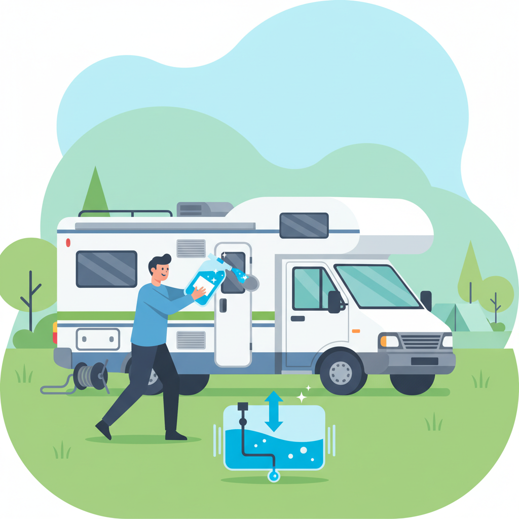 A vibrant flat illustration depicting the process of cleaning a motorhome's water tank. A person, shown from a dynamic angle, is carefully pouring a cleaning solution (represented by clear, sparkling liquid) from a bottle into the open fresh water tank inlet of a motorhome. The motorhome's side should be visible, clean and well-maintained. The atmosphere should convey cleanliness and responsible maintenance. Use bright, inviting colors and clear, simple shapes to emphasize the ease and importance of the task. Style: Modern, clean flat illustration with a positive and proactive feel.