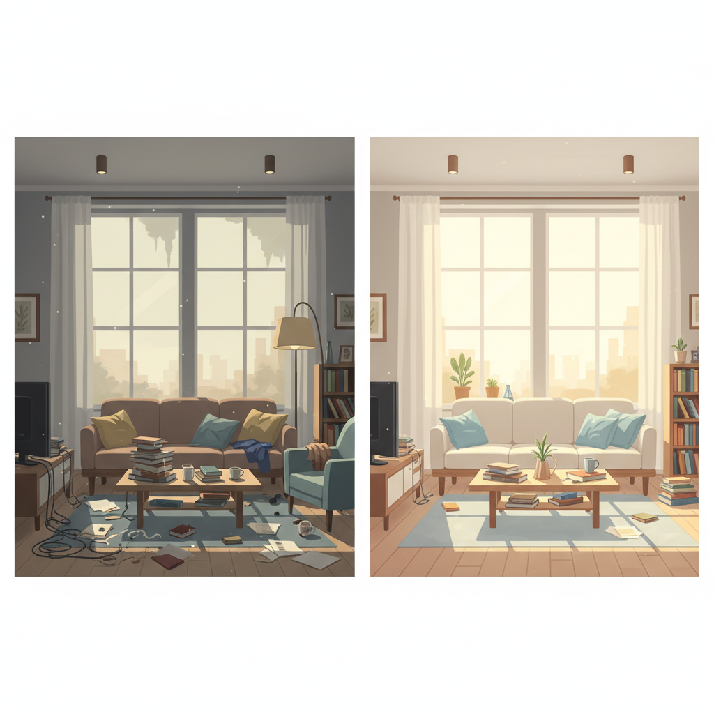 A split-screen flat illustration depicting two contrasting home environments. On the left, a cluttered, dusty living room with scattered items, hinting at stress and disarray. On the right, the same room transformed into a clean, organized, and brightly lit space, conveying a sense of calm and well-being. Subtle visual cues like sunshine streaming into the clean room and perhaps faint dust motes in the cluttered one. The overall aesthetic should be modern and clean, focusing on the visual impact of tidiness versus mess.