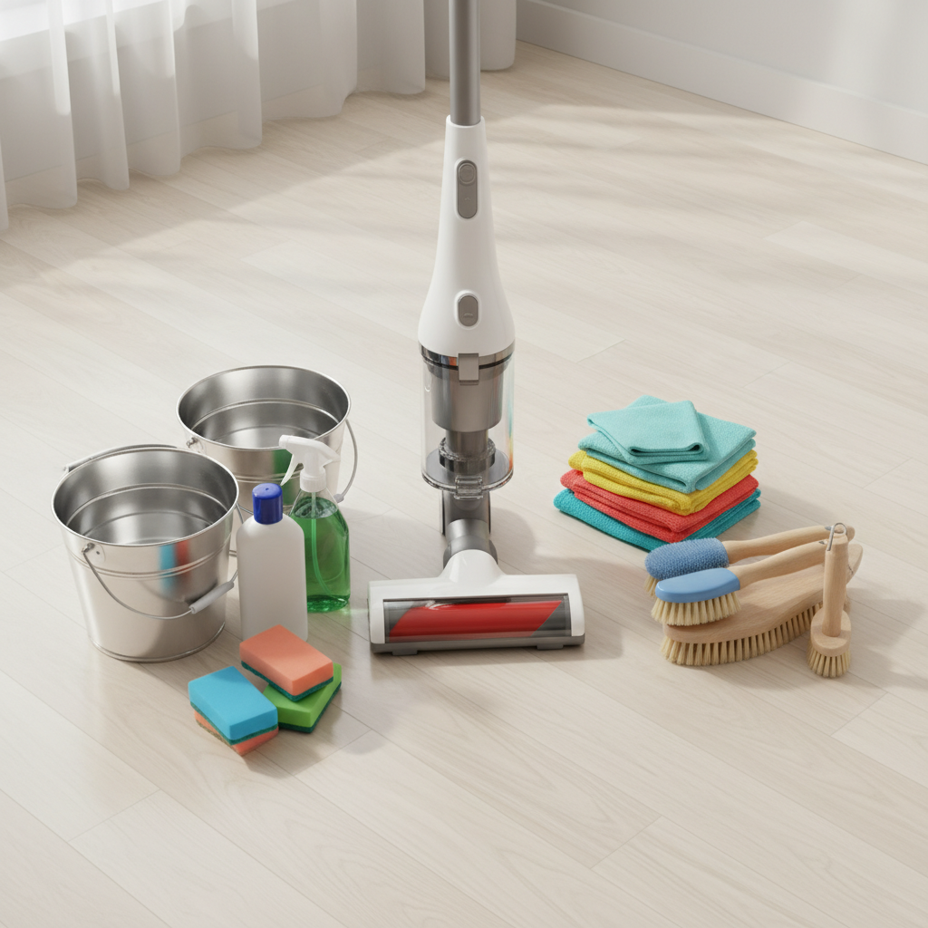 A vibrant, professional photo displaying an organized collection of essential cleaning tools arranged on a pristine, light-colored surface. Featured items include a sleek, modern vacuum cleaner, neatly stacked colorful microfiber cloths, an assortment of brushes and sponges of various sizes, and two clearly visible, clean buckets. The composition should suggest readiness and efficiency for cleaning, with good lighting highlighting the textures and colors of the tools.