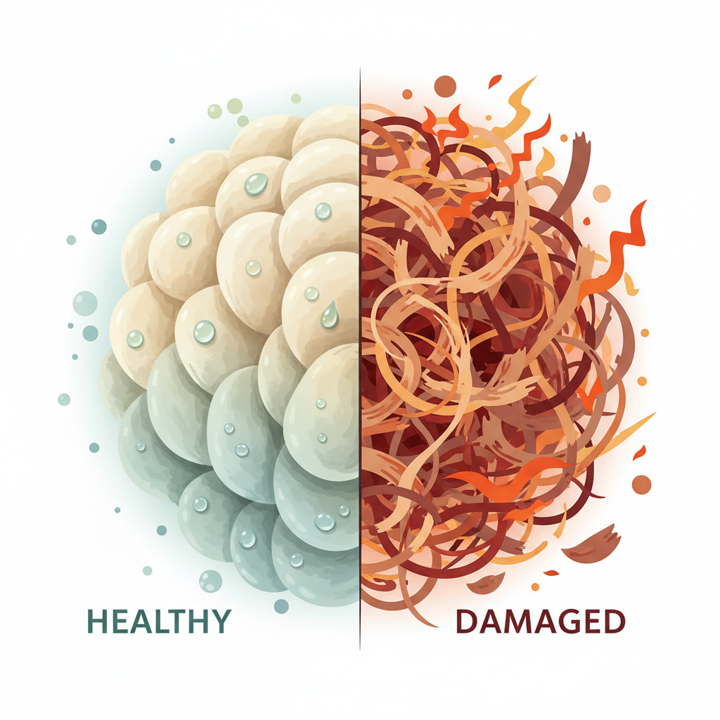 A detailed, almost microscopic-style flat illustration contrasting healthy and damaged wool fibers. On one side, healthy, scaly wool fibers appear soft, plump, and intact, with gentle water droplets and a soft, cool glow. On the other side, the same fibers are shown matted, shrunken, and damaged, with harsh, aggressive bubbles or heat waves nearby. The subtle contrast emphasizes the impact of incorrect vs. correct care, highlighting the delicate nature of wool. The color palette should be natural, soothing, and subtly differentiate between the two states.