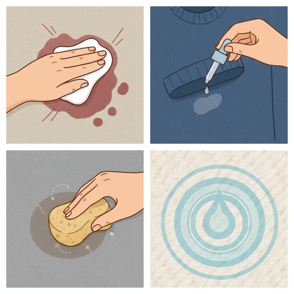An infographic-style illustration presenting four essential steps for wool stain removal. Panel 1: A hand swiftly dabbing a fresh stain (e.g., red wine) on a light beige wool fabric with a clean white cloth. Panel 2: A small amount of cleaning solution being carefully applied to an inconspicuous area (e.g., an inner seam) of a wool garment for testing. Panel 3: A close-up of a hand gently dabbing a stain with a soft sponge, illustrating the 'tupfen statt reiben' principle. Panel 4: A subtle cool blue water ripple or droplet motif alongside a wool texture, symbolizing the preference for cold water. The style is clean, modern, with a soft, natural color palette.