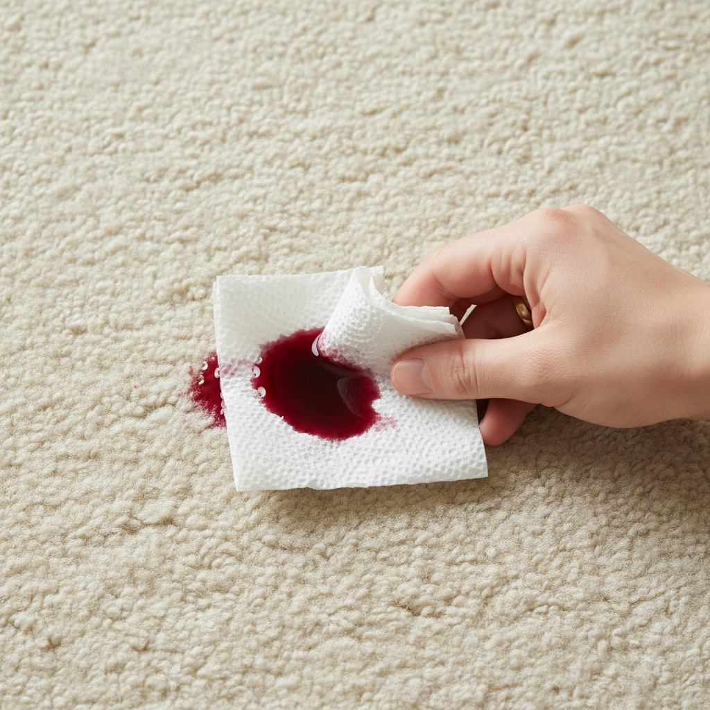 A close-up, top-down professional photo capturing a small, vibrant red wine spill on a light-colored, cozy wool carpet. A hand, wearing a subtle wedding band, gently dabs the spill with a clean, white, absorbent cloth or paper towel, showing the visible action of liquid being absorbed from the carpet fibers. The focus is on the careful, non-rubbing motion, highlighting the contrast between the striking stain and the soft, intricate texture of the wool. The lighting is bright and natural, conveying a sense of cleanliness and the potential for successful stain removal through immediate, gentle action.