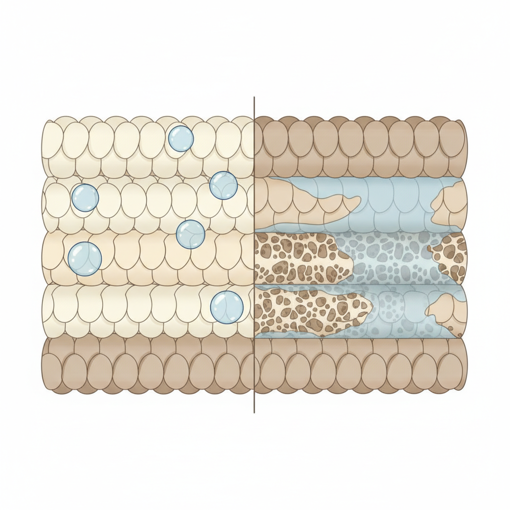 A detailed, clean flat illustration or a vector art diagram showcasing a microscopic cross-section of wool fibers. On the left side, a few distinct droplets of a liquid (e.g., clear water or a light-colored substance) are depicted gracefully beading up on the outermost layer of the individual wool fibers, illustrating their natural dirt-repellent and protective qualities. On the right side, the same liquid is shown beginning to seep and penetrate deeper into the visible, porous fiber structure, indicating the effect of an untreated or rubbed stain. Use a scientific, infographic style with a soft, natural color palette.